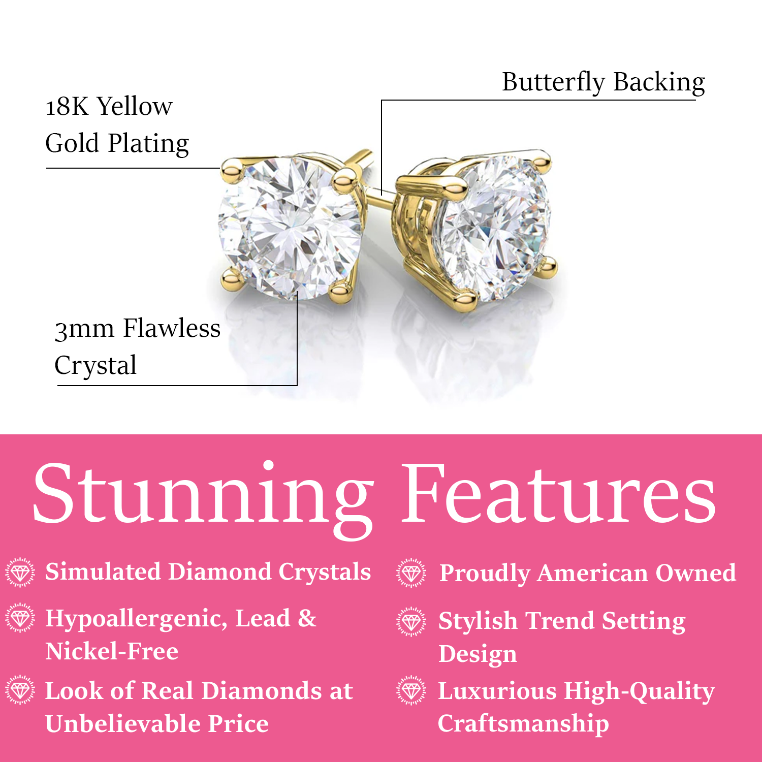 Mia 14k White Gold Plated Sterling Silver Stud Earrings with Simulated Diamond Crystals