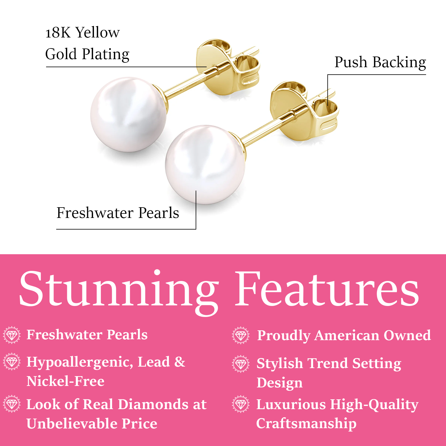 Vivienne 18k Gold Plated Pearl Stud Earrings with Swarovski Crystals