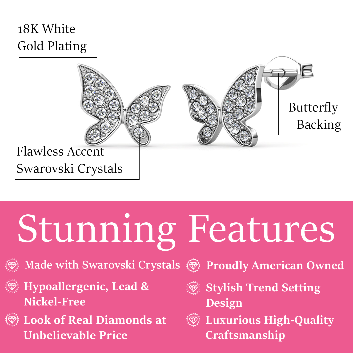 Yuenen 18k White Gold Plated Silver Butterfly Stud Earrings with Swarovski Crystals