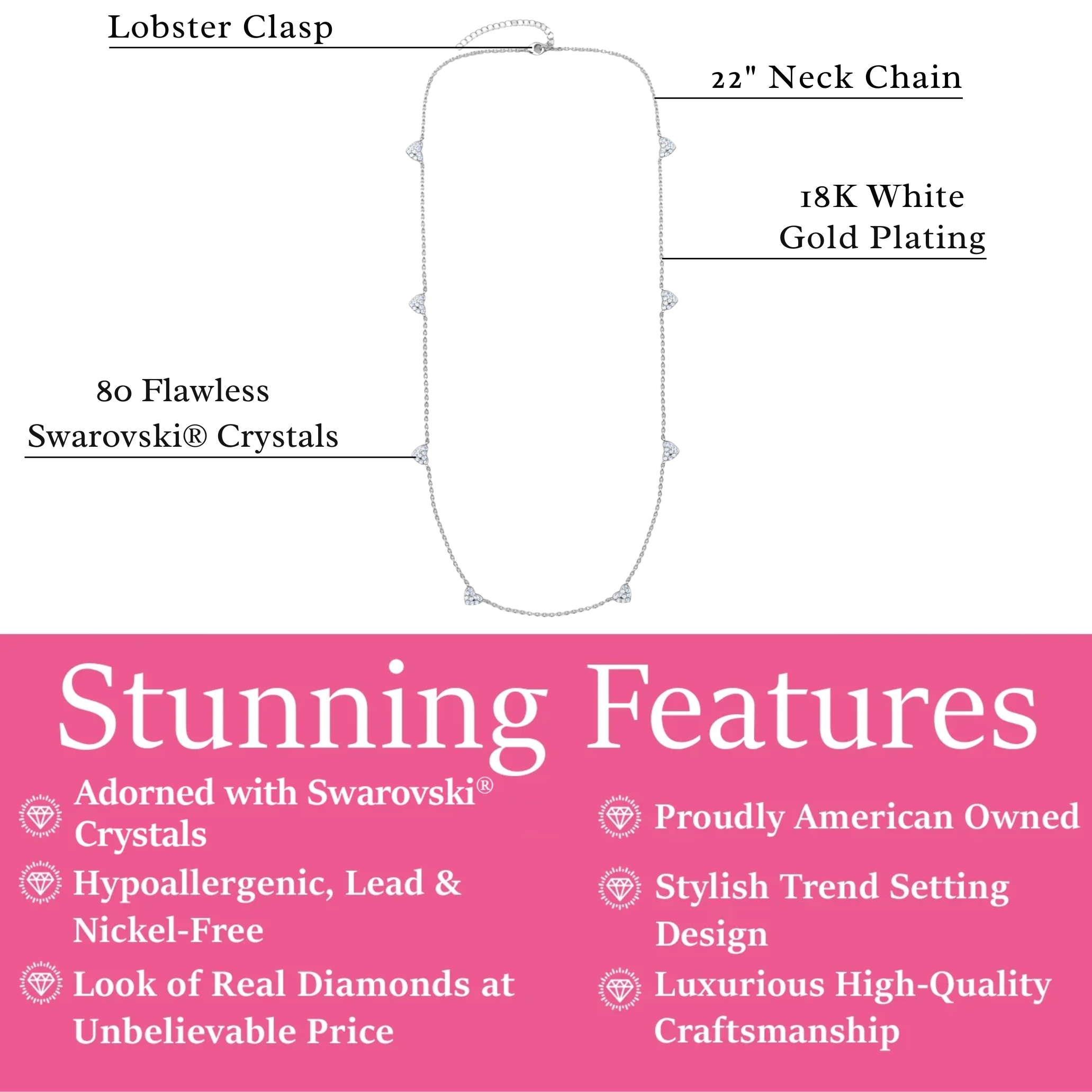 Irene 18k White Gold Plated Heart Station Necklace with Swarovski Crystals