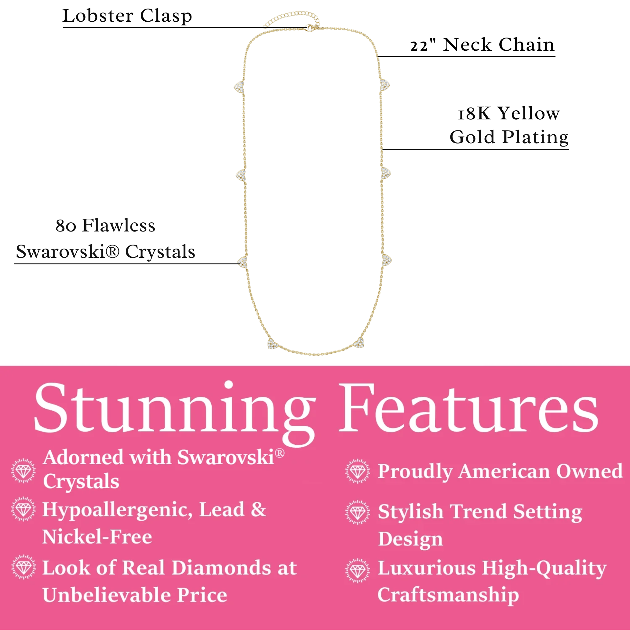 Irene 18k White Gold Plated Heart Station Necklace with Swarovski Crystals