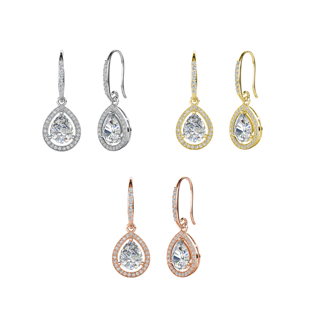 Isabel 18k White Gold Plated Halo Tear drop Earrings with Simulated Diamond Crystals