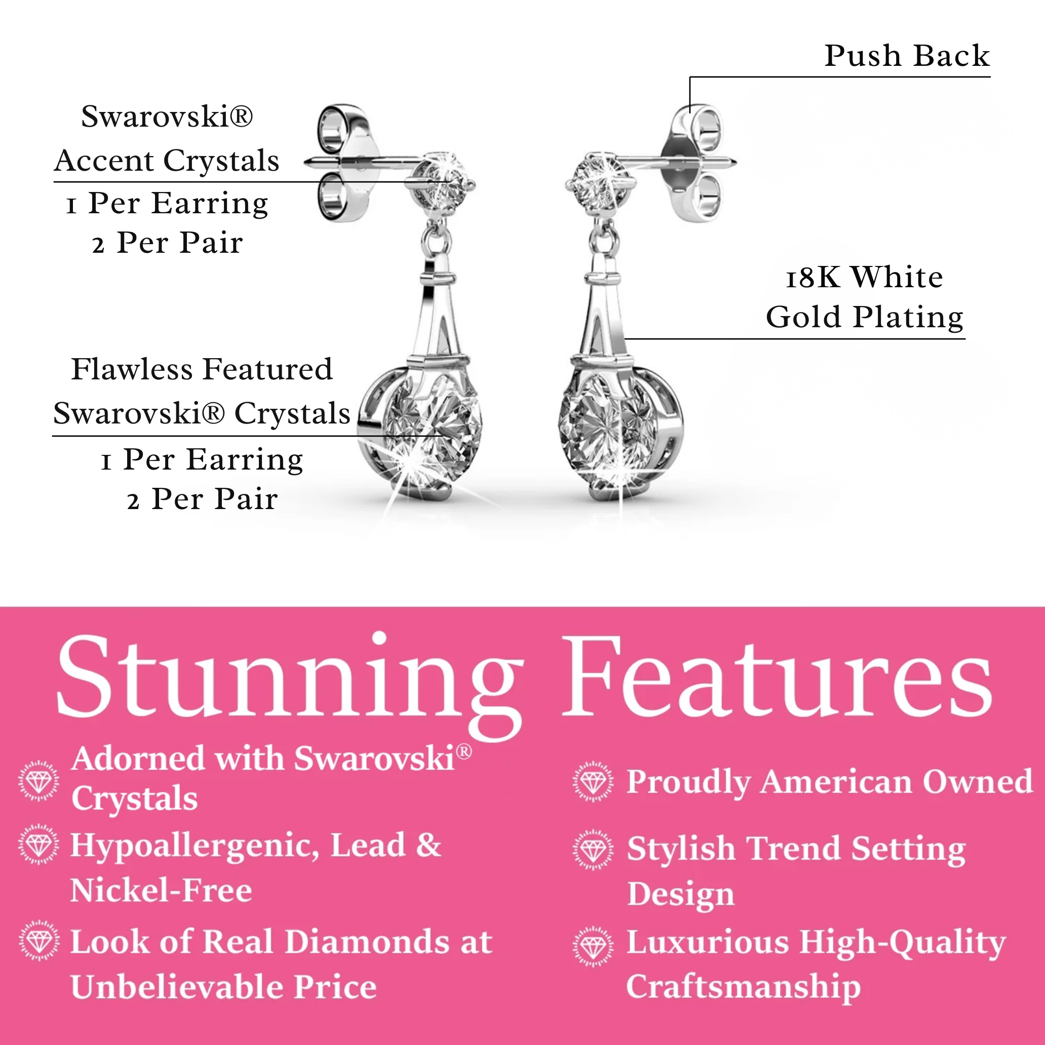 Isla 18k White Gold Plated Dangle Earrings with Round Swarovski Crystals