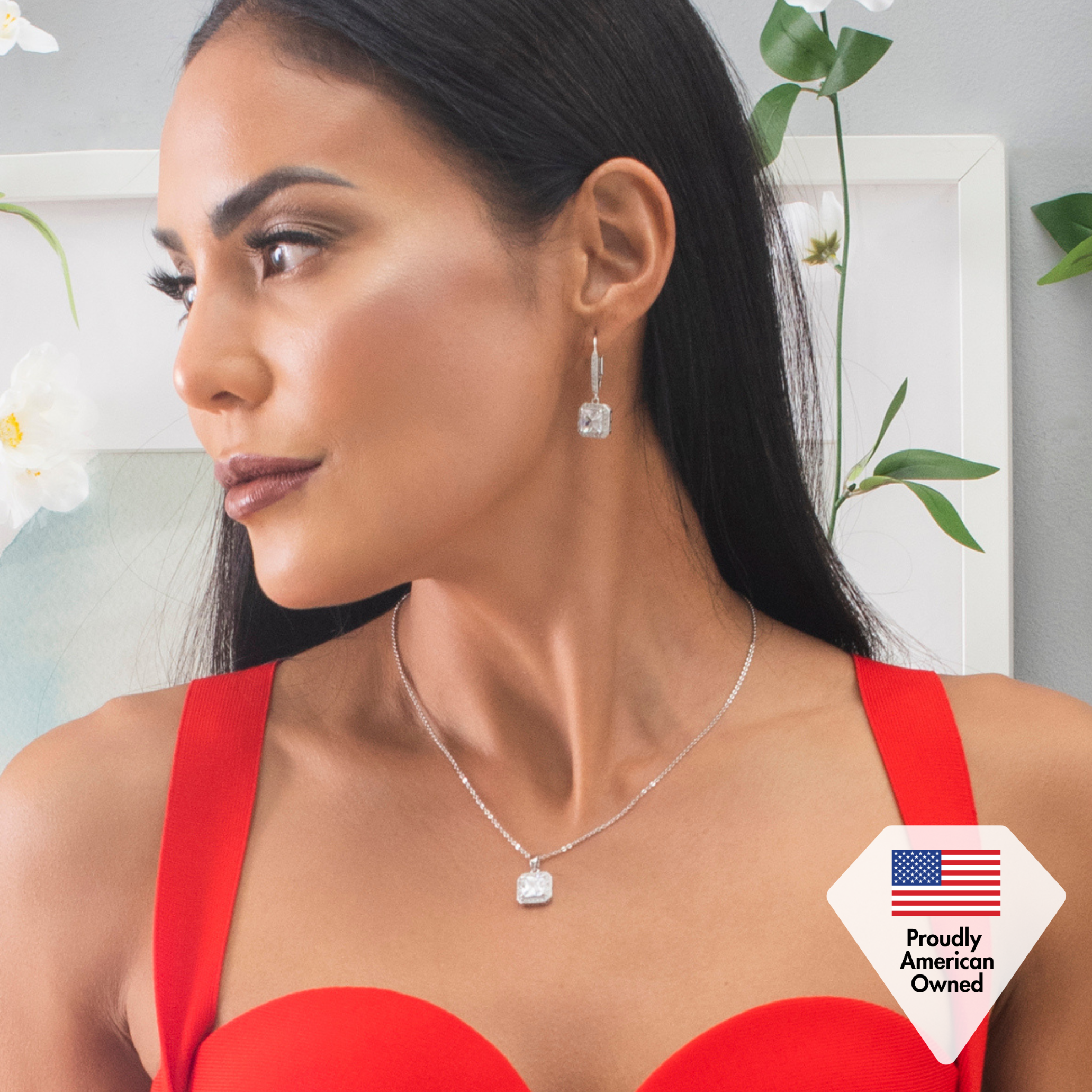 Ivy 18k White Gold Plated Dangle Earring and Necklace Jewelry Set with Simulated Diamond Crystals