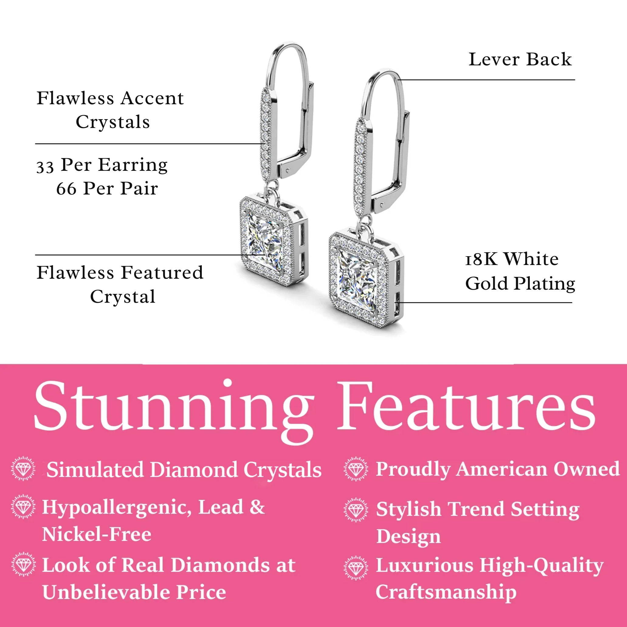 Ivy 18k White Gold Plated Halo Dangle Earrings with Princess Cut Simulated Diamond Crystals