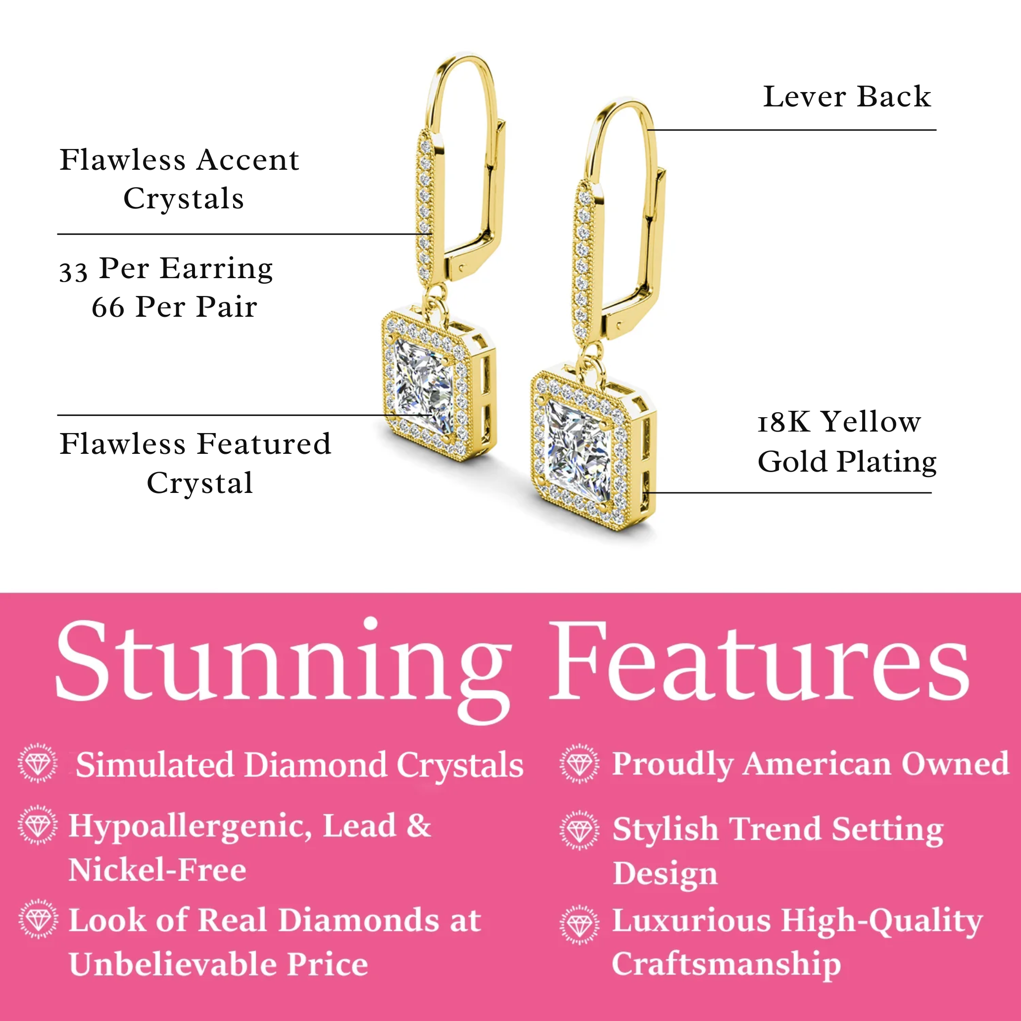 Ivy 18k White Gold Plated Halo Dangle Earrings with Princess Cut Simulated Diamond Crystals