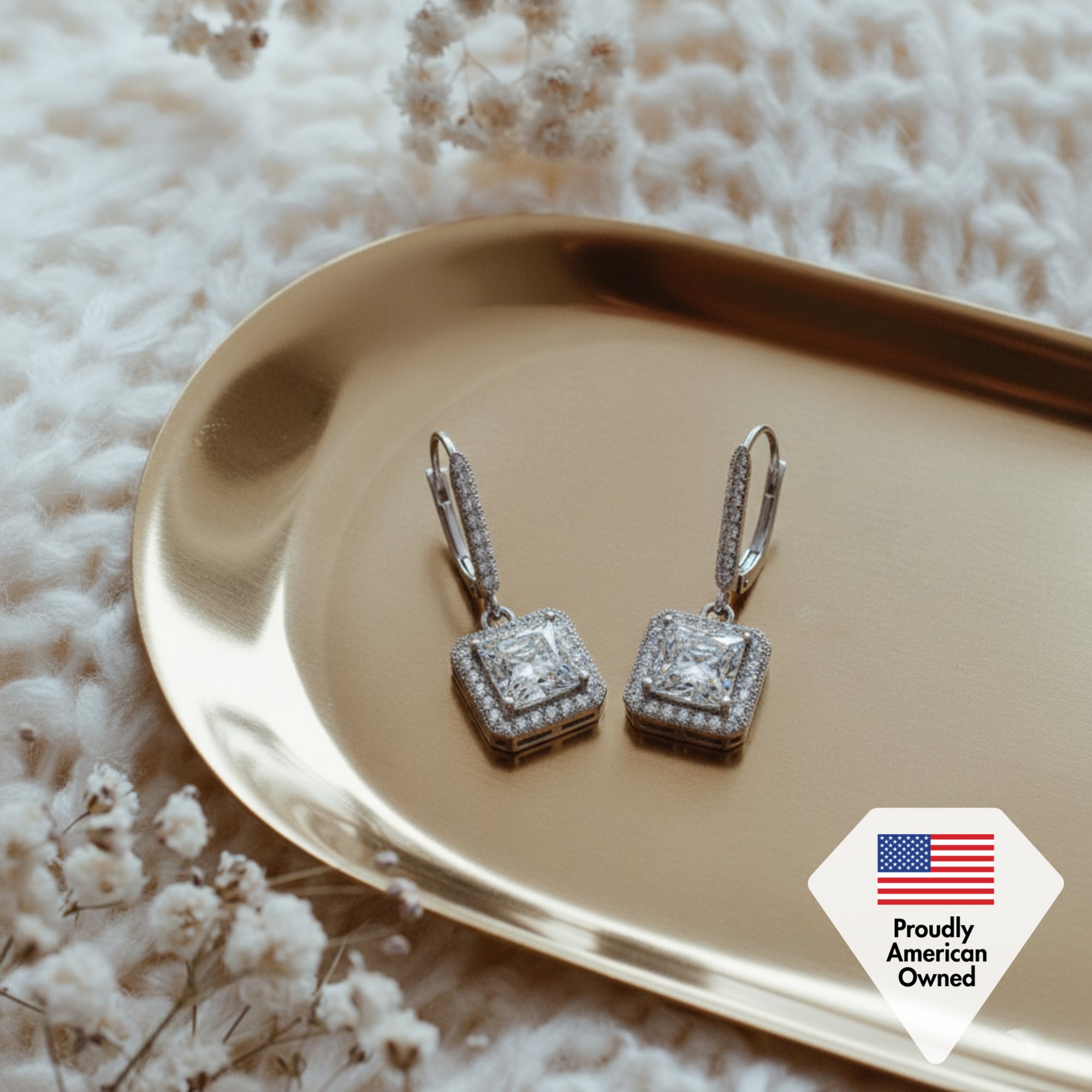 Ivy 18k White Gold Plated Halo Dangle Earrings with Princess Cut Simulated Diamond Crystals