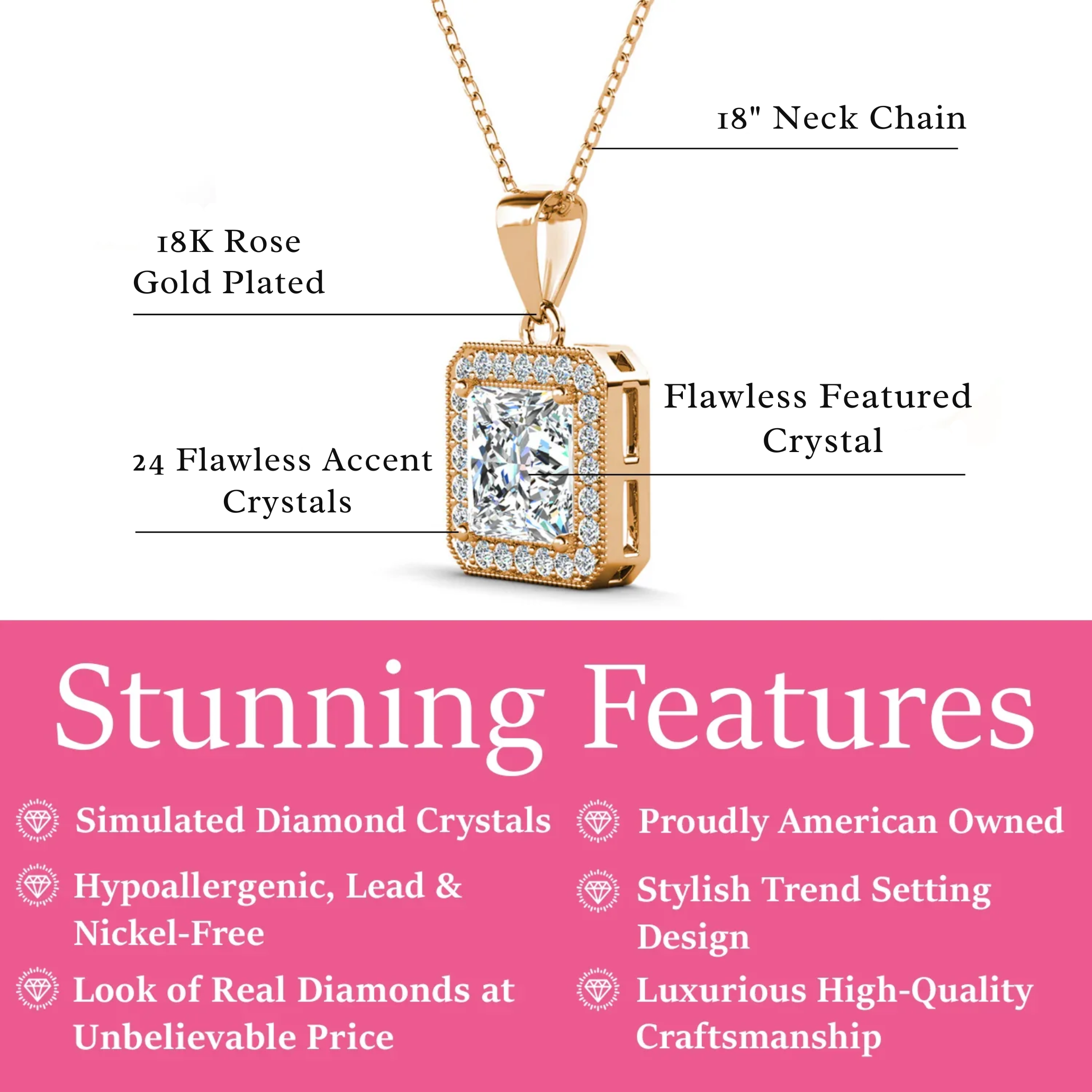 Ivy 18k White Gold Plated Halo Pendant Necklace with Simulated Diamond Crystals