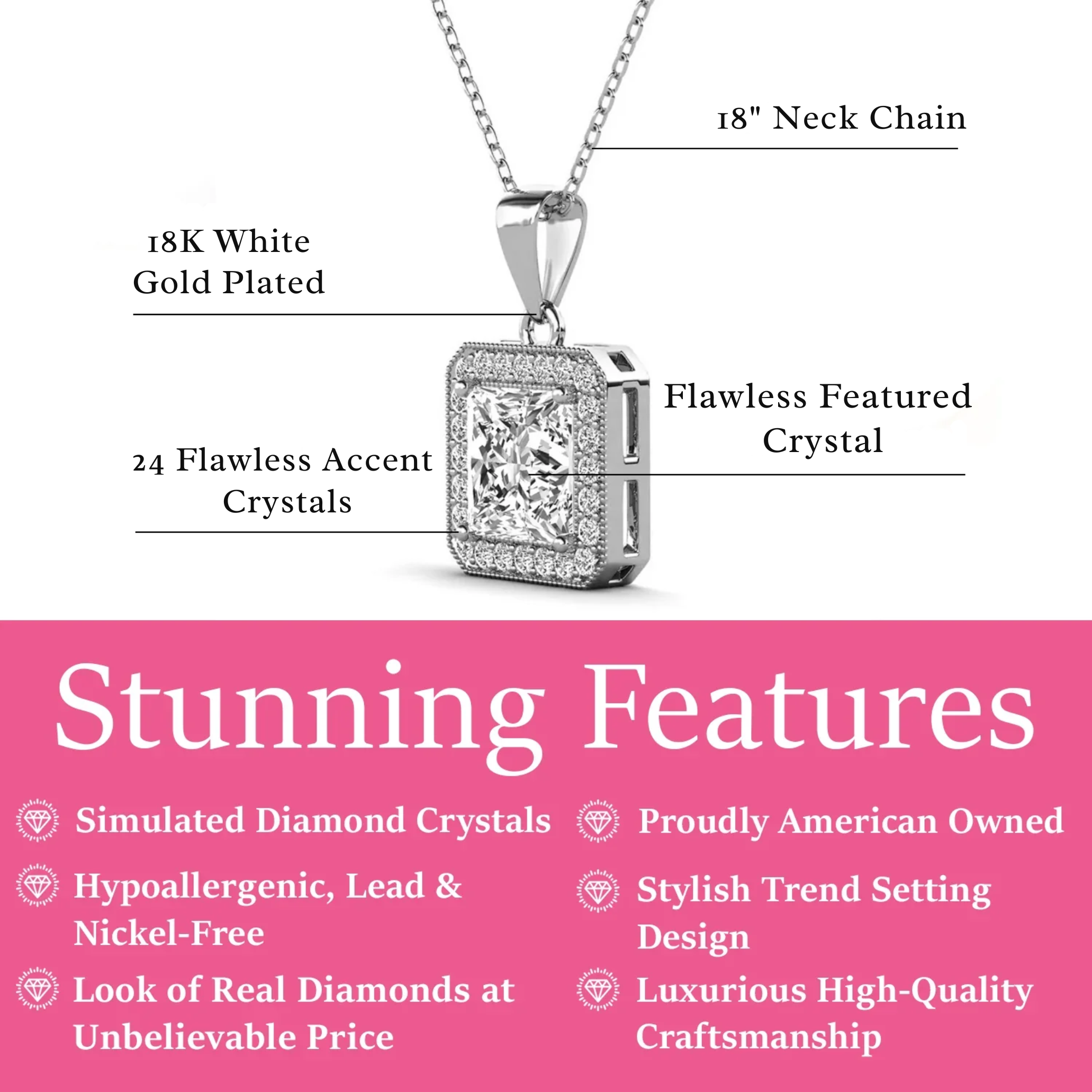Ivy 18k White Gold Plated Halo Pendant Necklace with Simulated Diamond Crystals