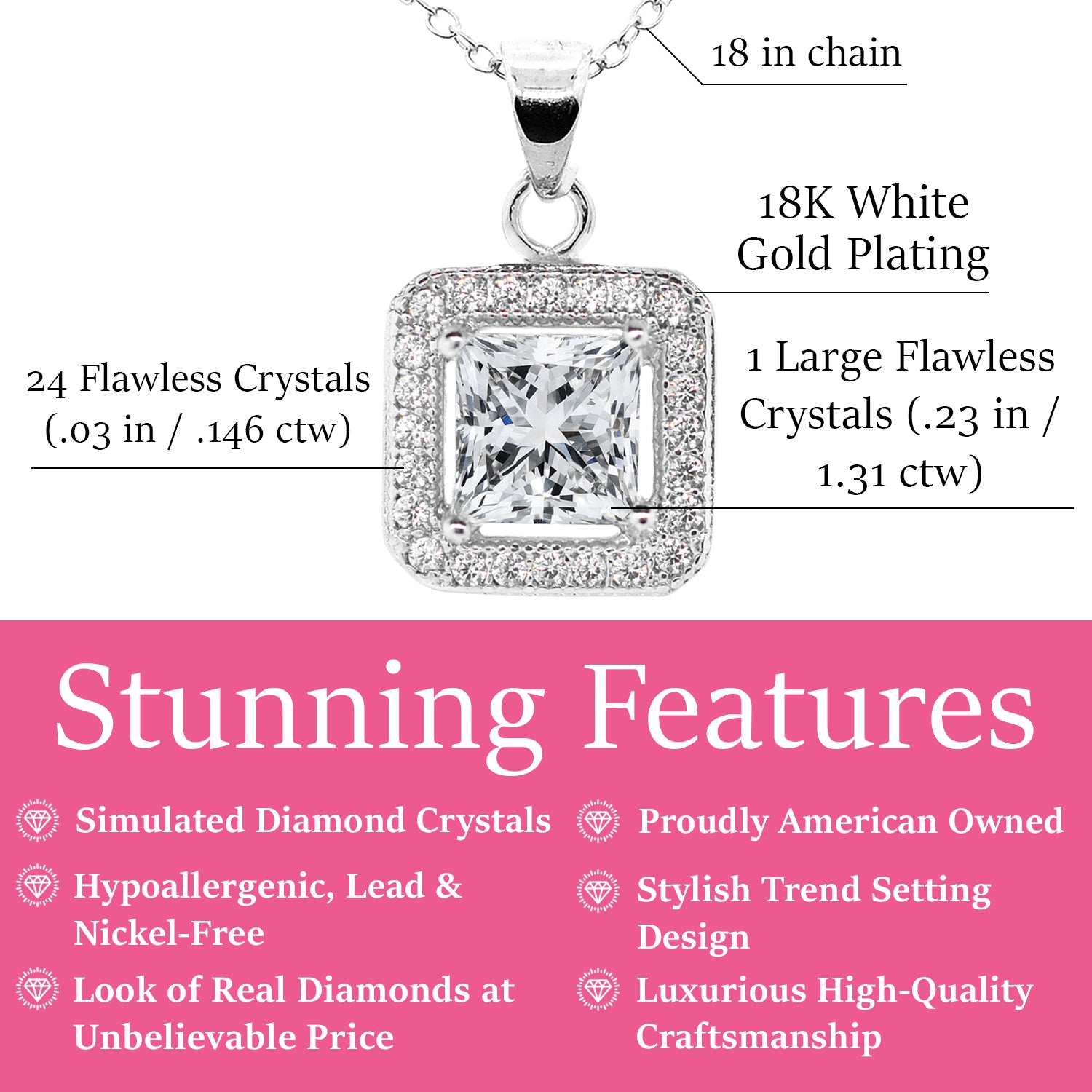 Ivy 18k White Gold Plated Princess Cut CZ Crystal Pendant Necklace