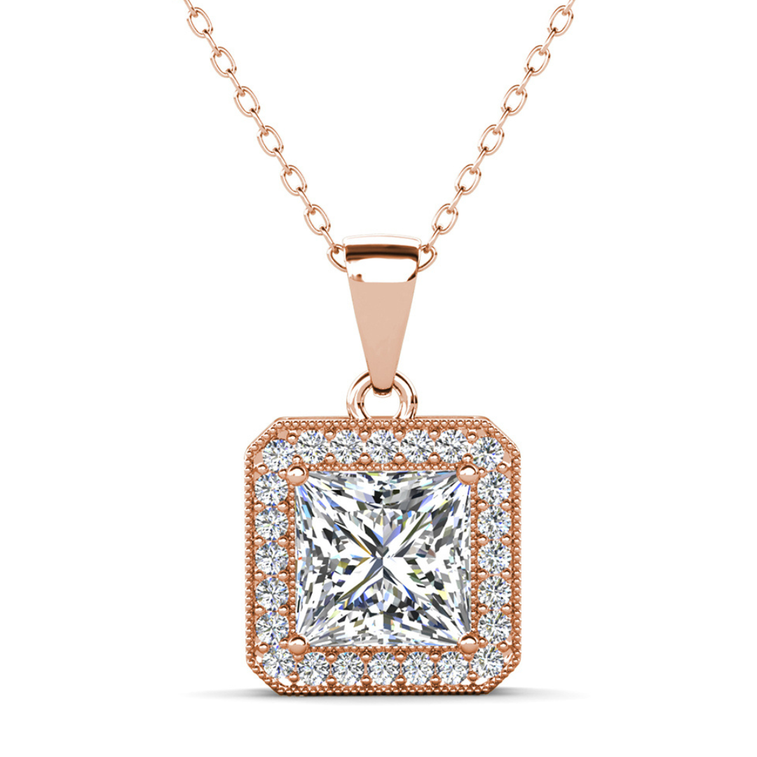Londyn 18K White Gold Princess Cut Halo Necklace and Earrings Jewelry Set with Simulated Diamond Crystals