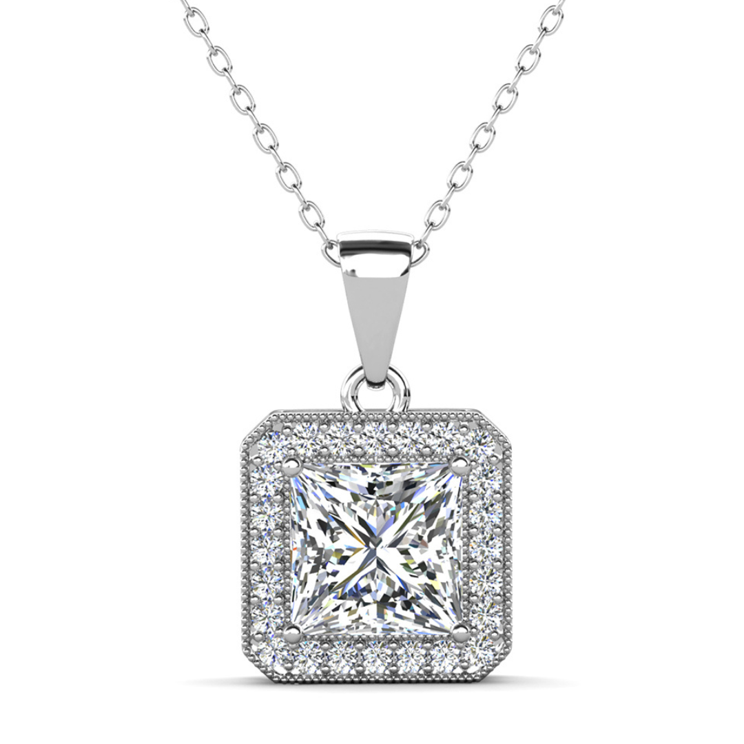 Londyn 18K White Gold Princess Cut Halo Necklace and Earrings Jewelry Set with Simulated Diamond Crystals