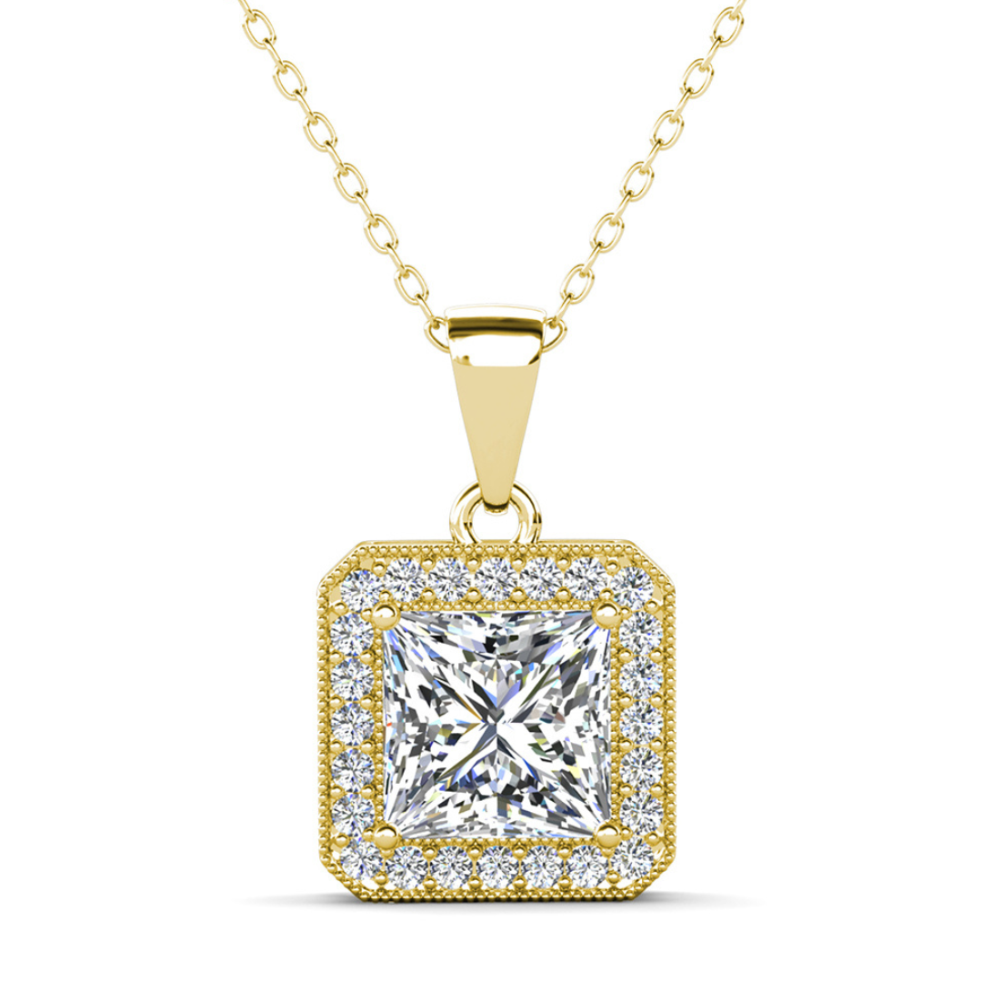 Londyn 18K White Gold Princess Cut Halo Necklace and Earrings Jewelry Set with Simulated Diamond Crystals