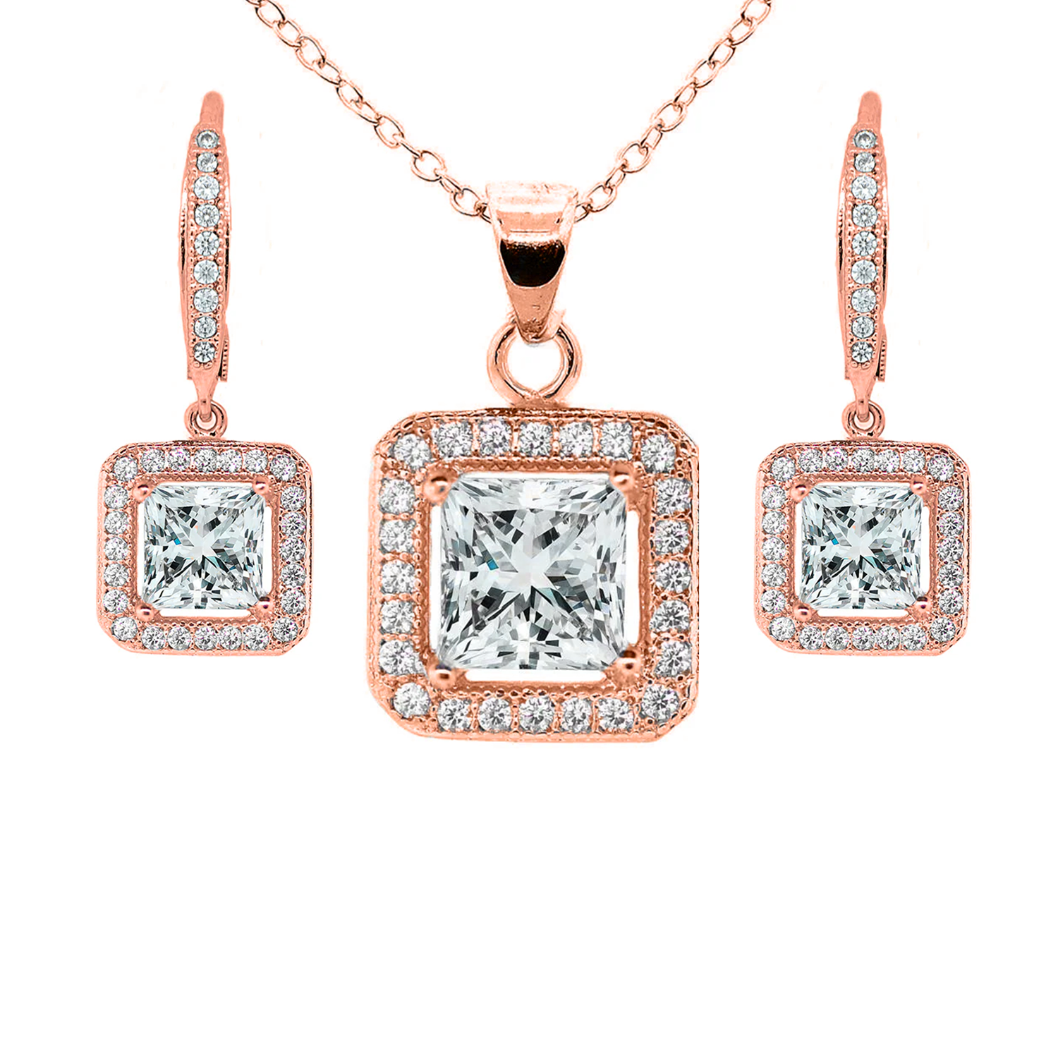 Ivy 18k White Gold Plated Cubic Zirconia Pendant Necklace and Earrings Jewelry Set