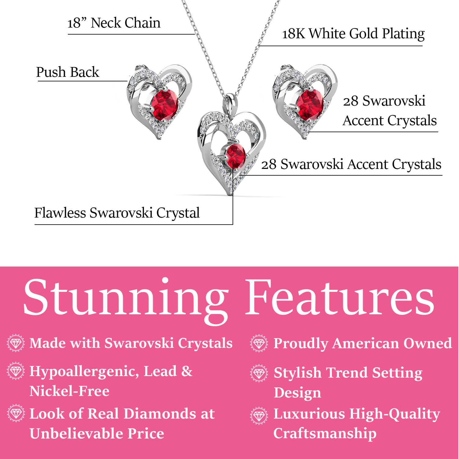 Forever Birthstone 18k White Gold Plated Silver Double Heart Earrings and Necklace Set with Swarovski Crystals