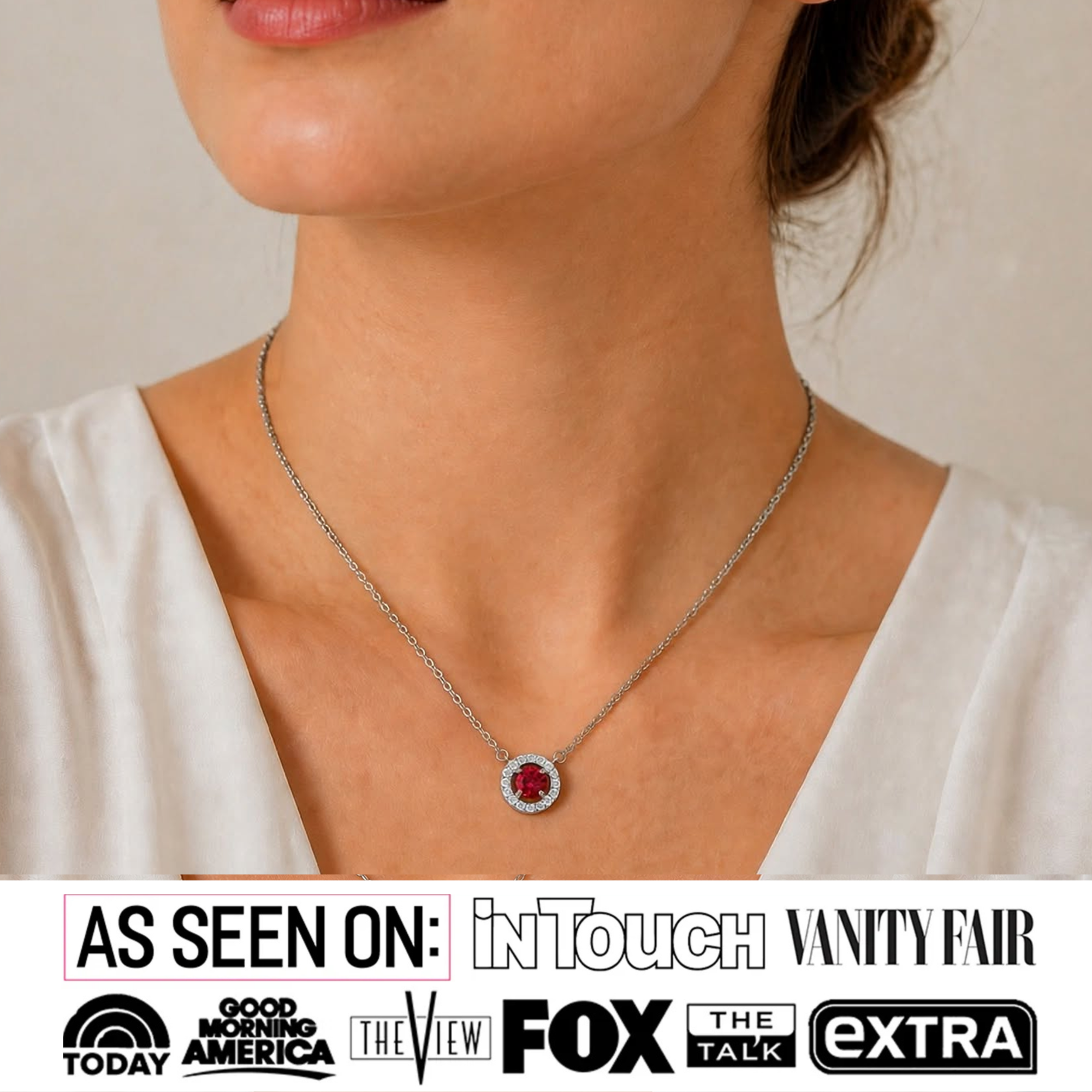 Collar con halo de piedra natal chapado en oro blanco real de 18 k con cristales de talla redonda