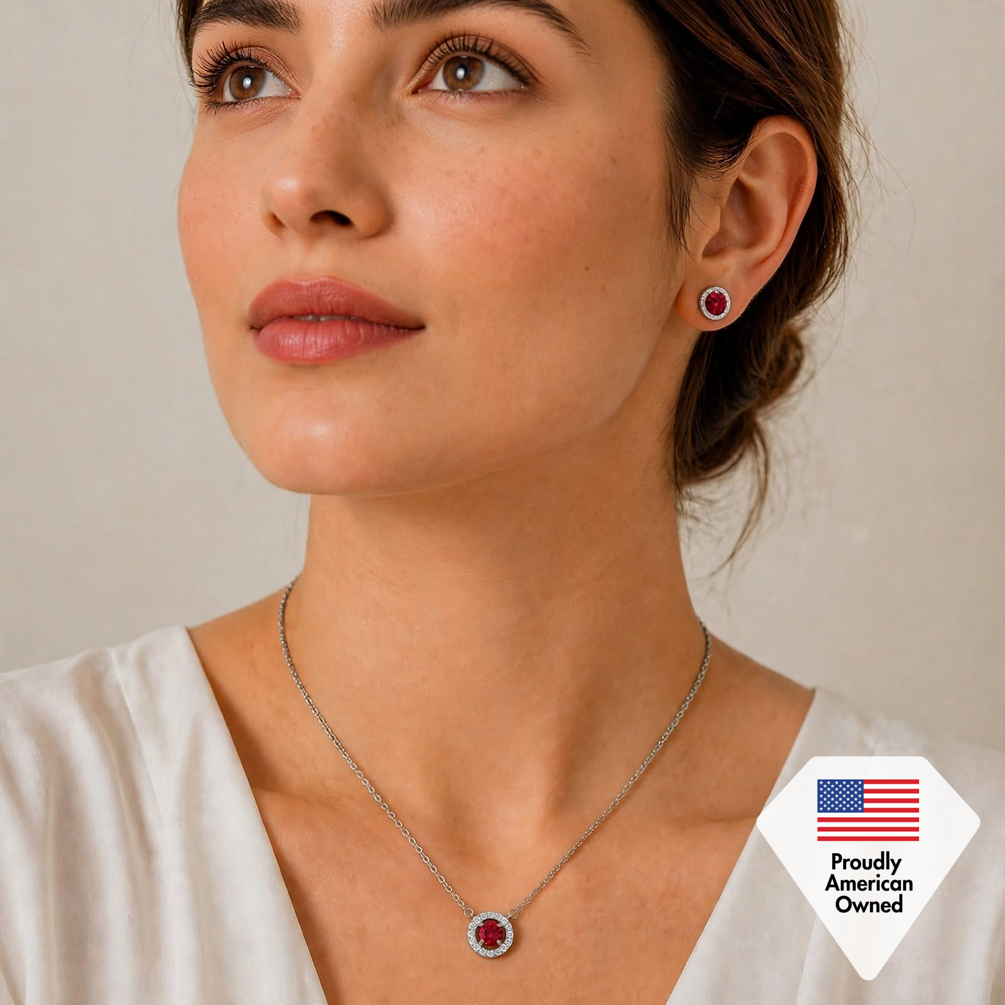 Royal Birthstone 18k White Gold Plated Halo Stud Earrings and Necklace Set with Swarovski Crystals
