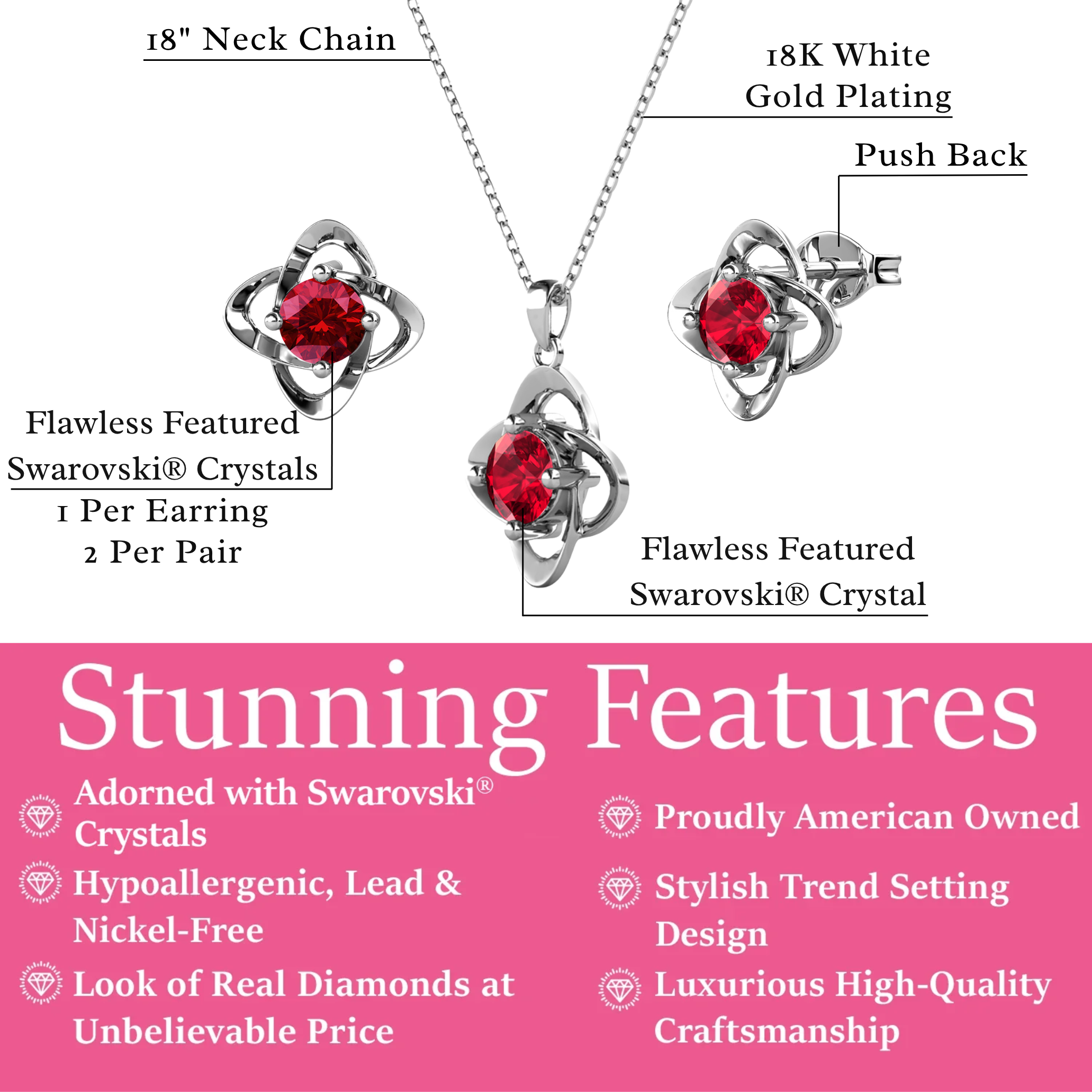 Infinity Birthstone 18k White Gold Plated Stud Earrings and Necklace Set with Swarovski Crystals