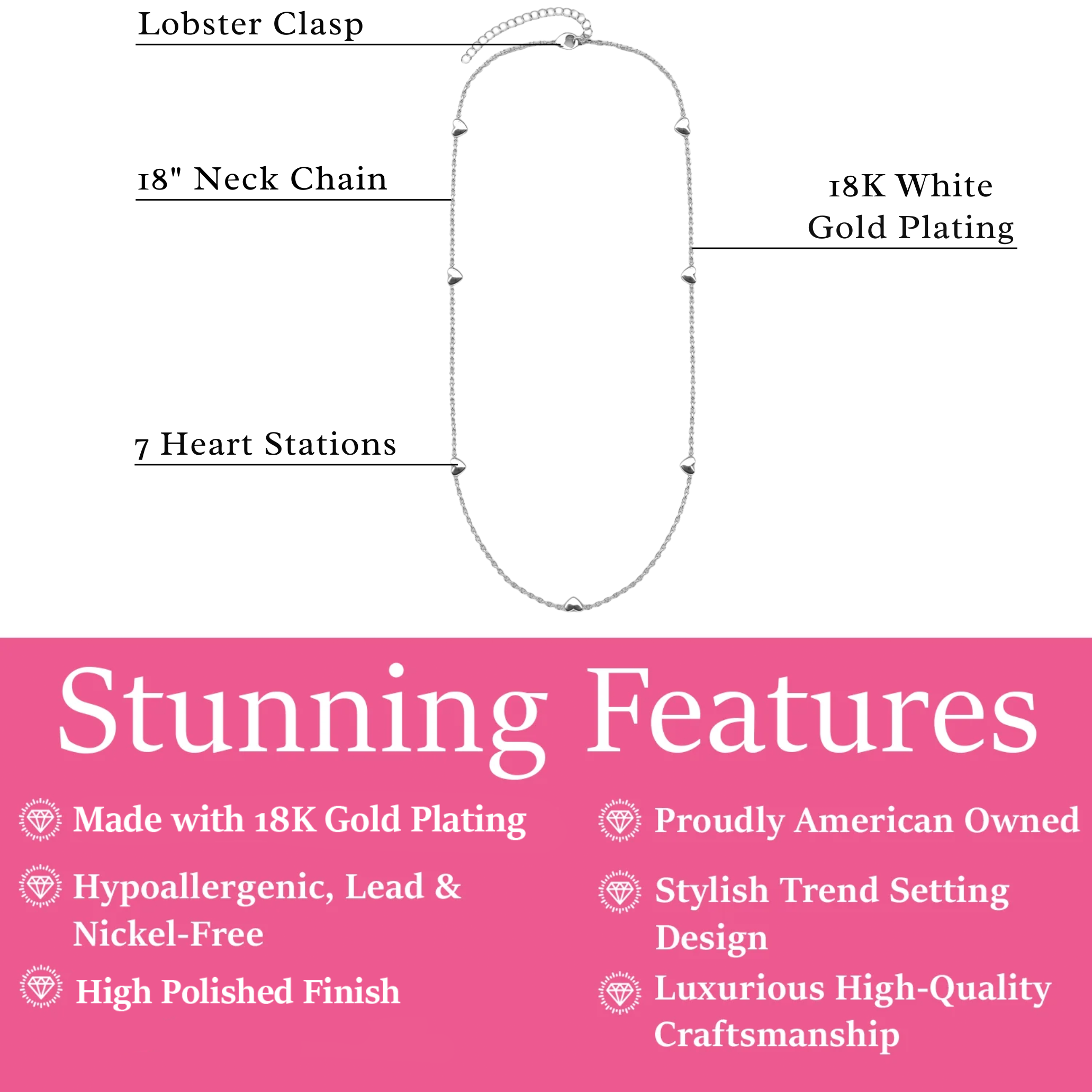 Jane 18k White Gold Plated Heart Station Necklace