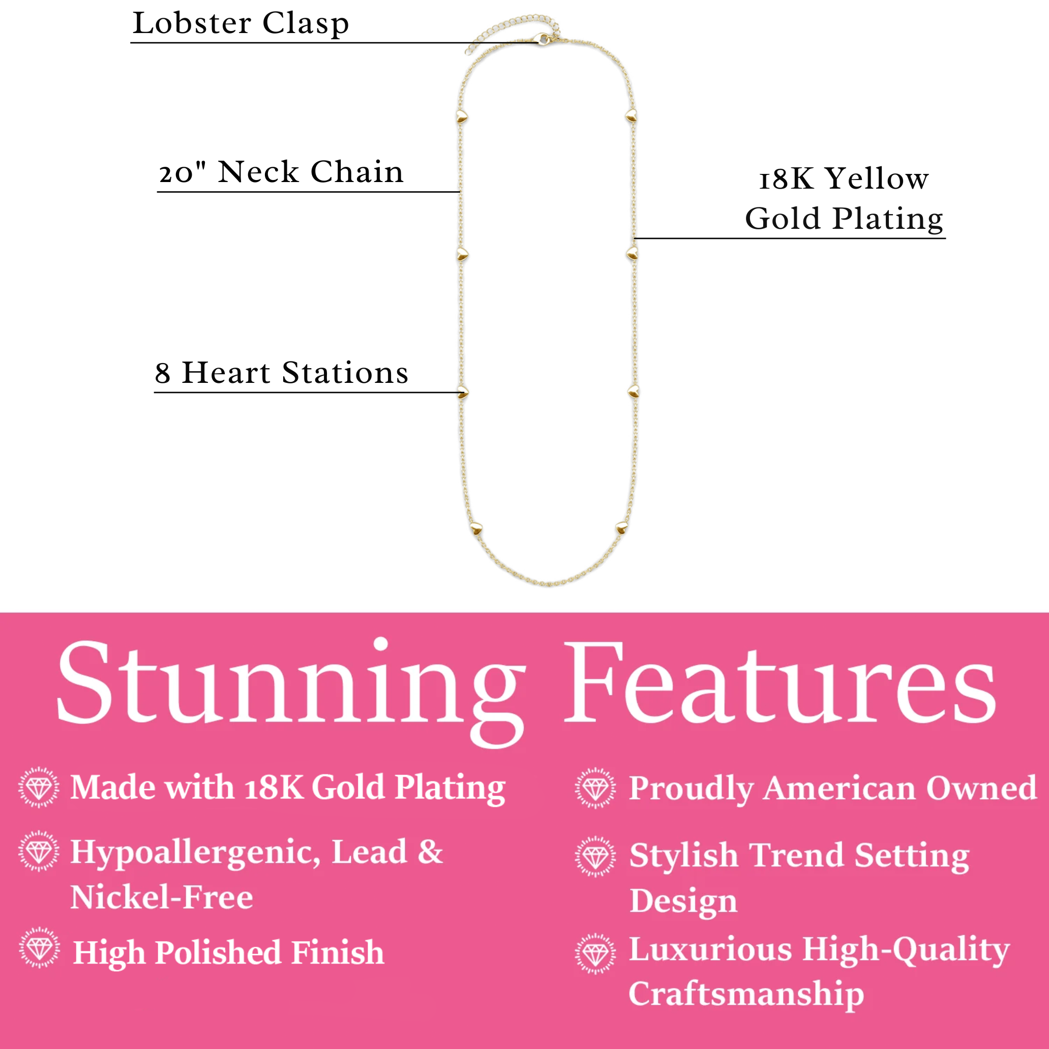 Jane 18k White Gold Plated Heart Station Necklace