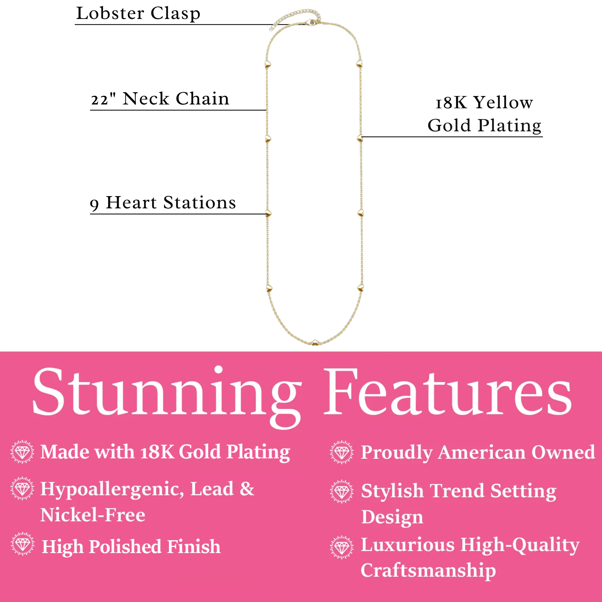 Jane 18k White Gold Plated Heart Station Necklace