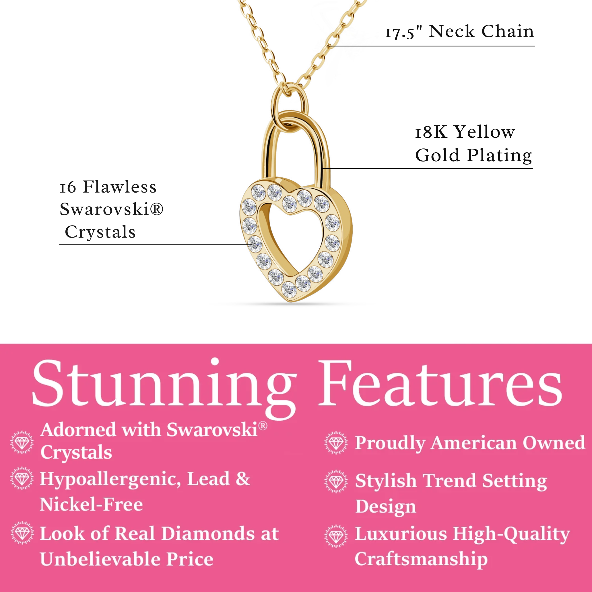 Janelle 18k White Gold Plated Heart Padlock Pendant Necklace with Swarovski Crystals