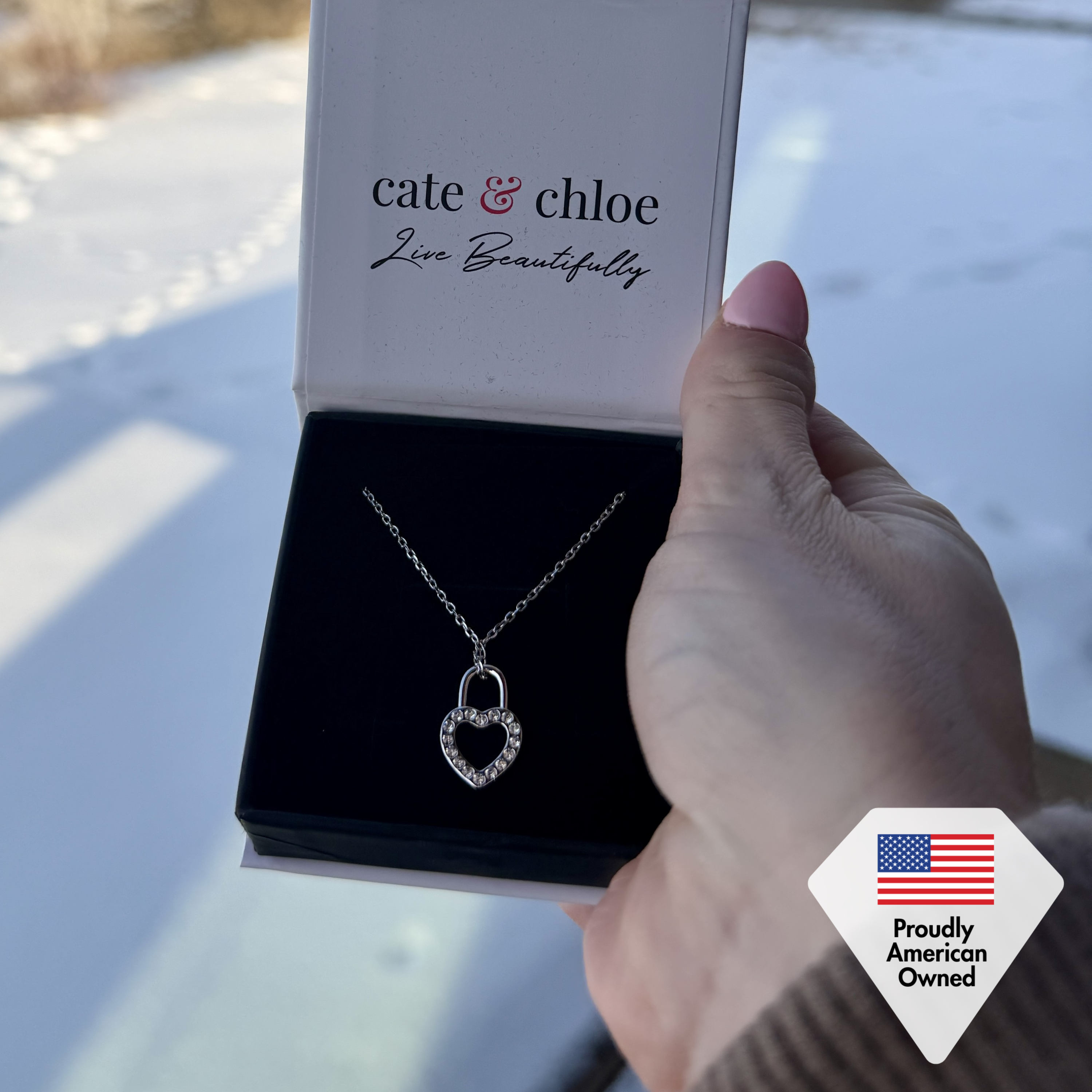 Janelle 18k White Gold Plated Heart Padlock Pendant Necklace with Swarovski Crystals