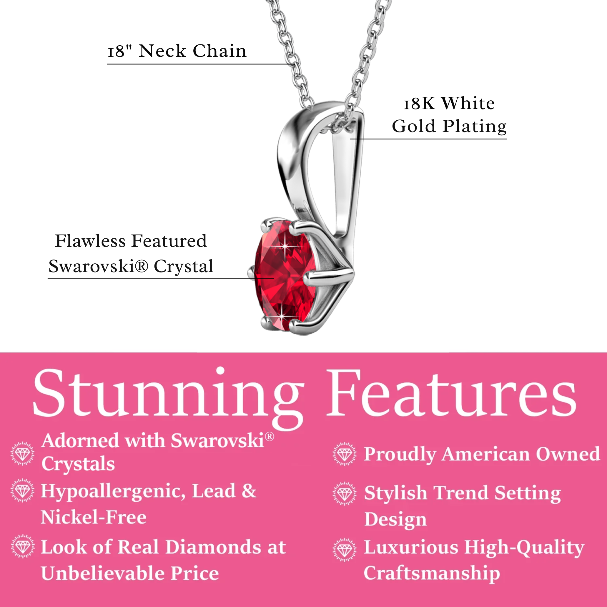 Birthstone Necklace 18k White Gold Plated Solitaire Necklace with 1ct Swarovski Crystal