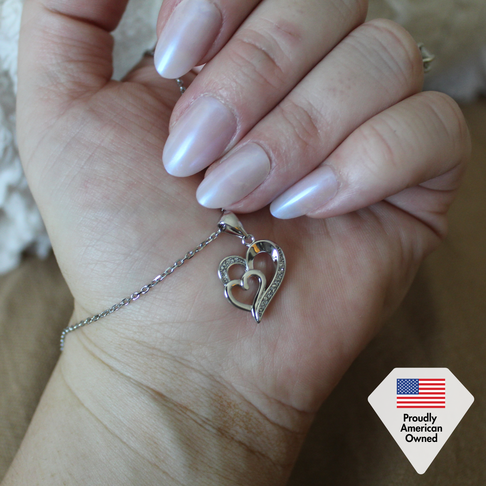 Jennifer 18k White Gold Plated Double Heart Necklace with Swarovski Crystals