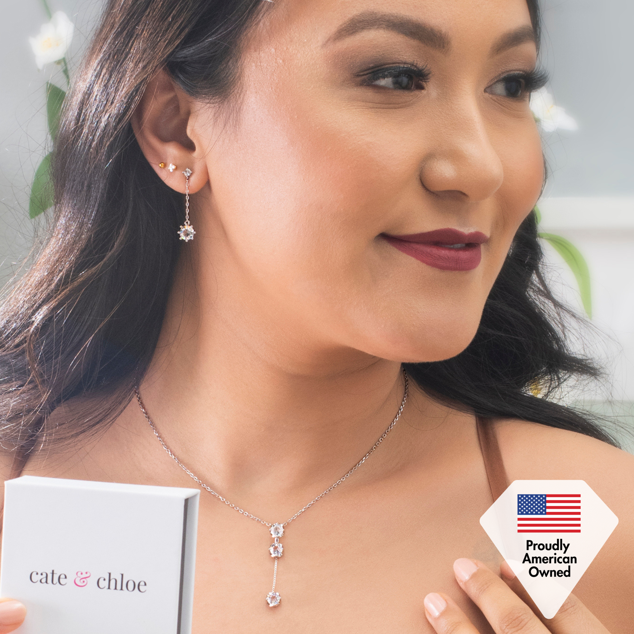 Jessie 18K 镀白金水晶吊坠耳钉