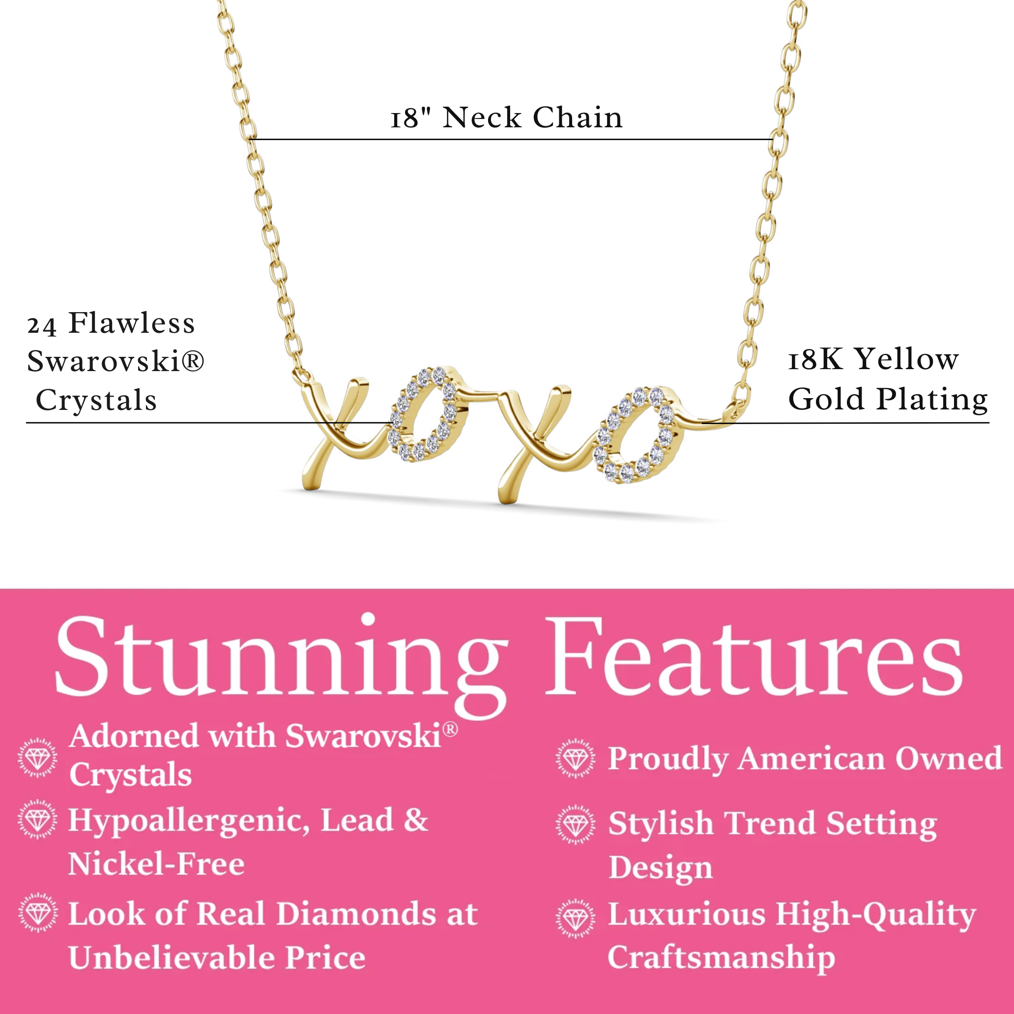 Jocelyn 18k White Gold Plated XOXO Pendant Necklace with Swarovski Crystals