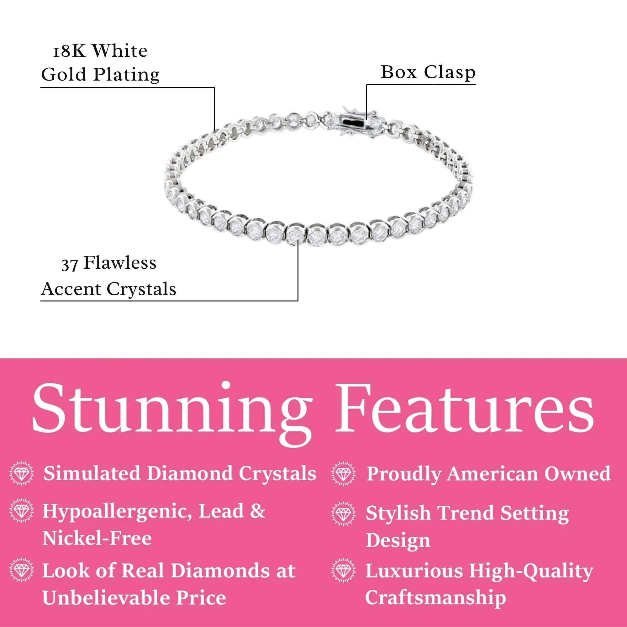 Joelle 18k White Gold Plated Tennis Bracelet with Simulated Diamond Crystals