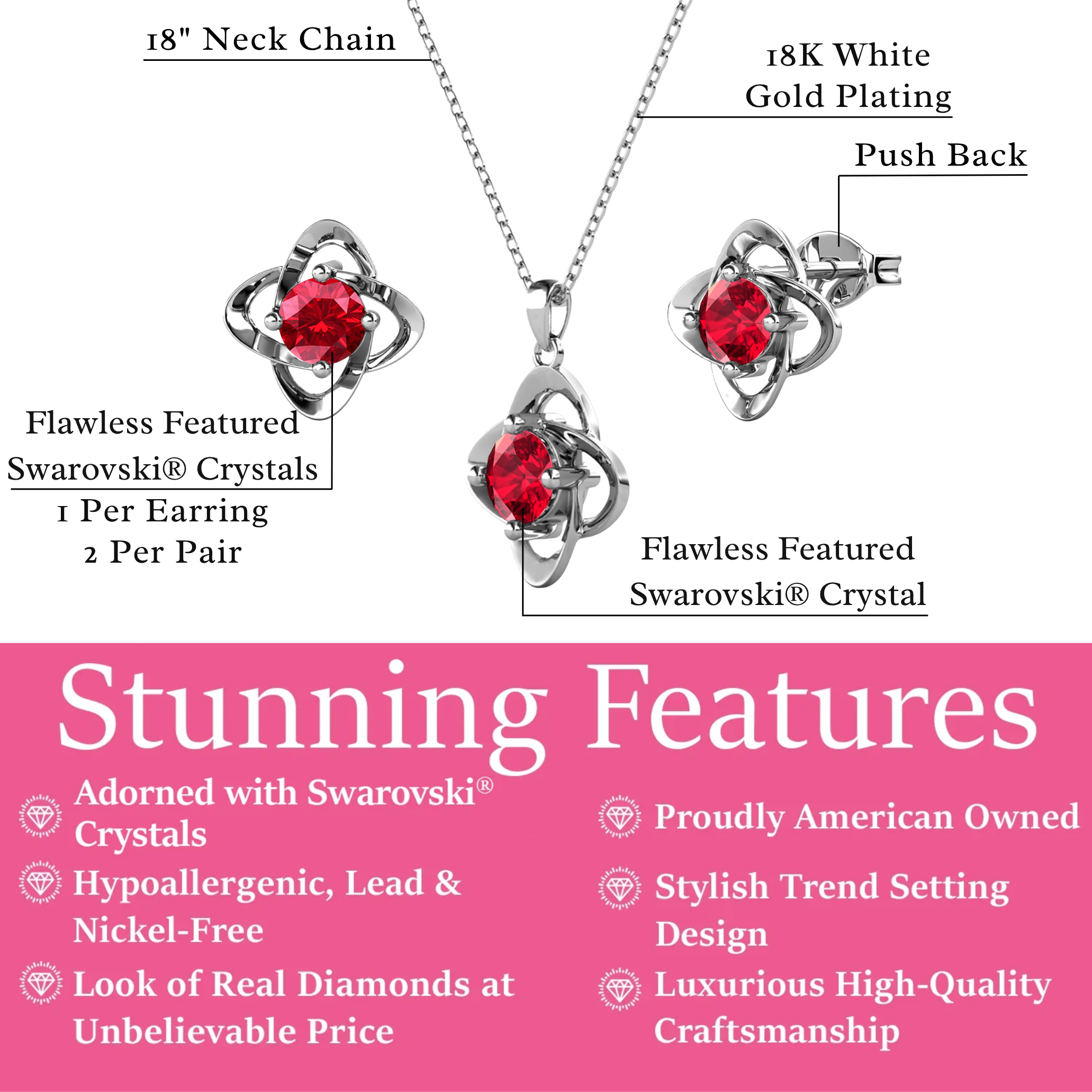Infinity Birthstone 18k White Gold Plated Stud Earrings and Necklace Set with Swarovski Crystals