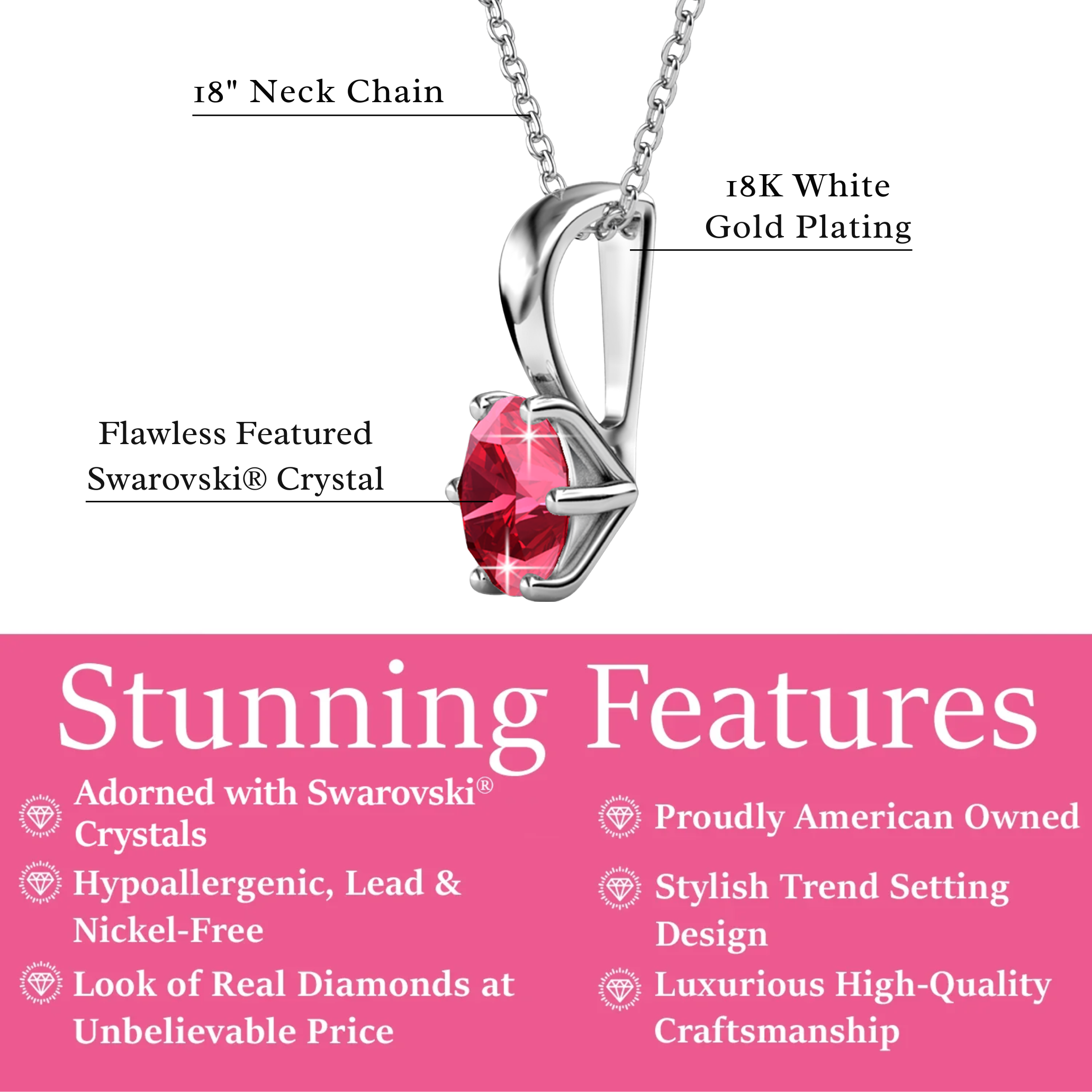 Birthstone Necklace 18k White Gold Plated Solitaire Necklace with 1ct Swarovski Crystal