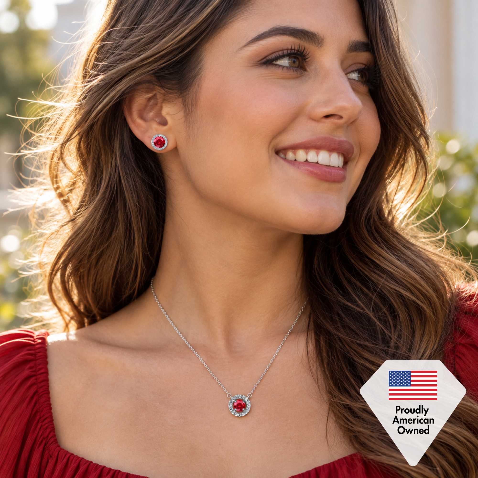 Royal Birthstone 18k White Gold Plated Halo Stud Earrings and Necklace Set with Swarovski Crystals