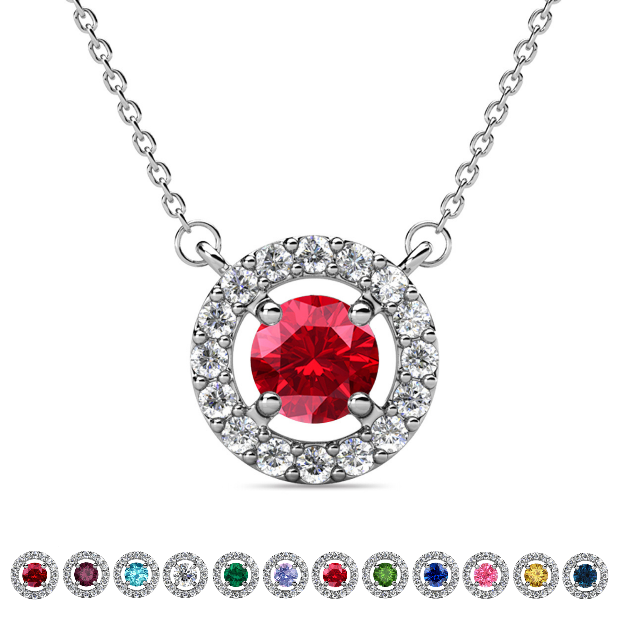 Royal Birthstone 18k White Gold Plated Halo Necklace with Round Cut Swarovski Crystals