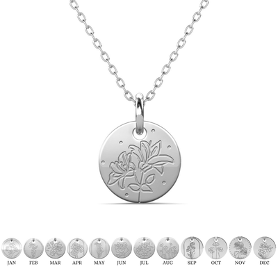 Floral 18k White Gold Plated Engraved Birth Month Flower Pendant Necklace - July - Water Lily