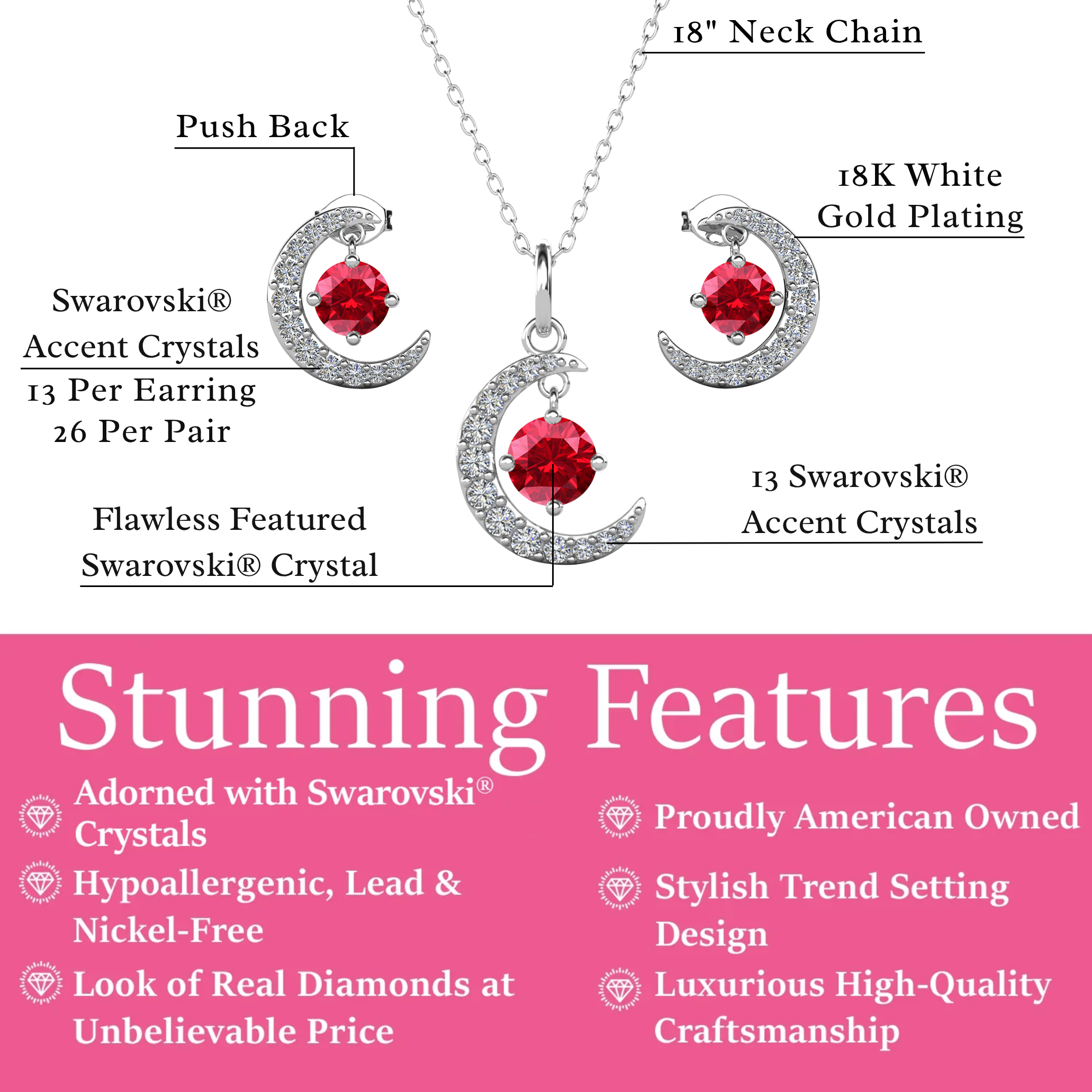 Luna Birthstone 18k White Gold Plated Silver Crescent Earrings and Necklace Set with Swarovski Crystals