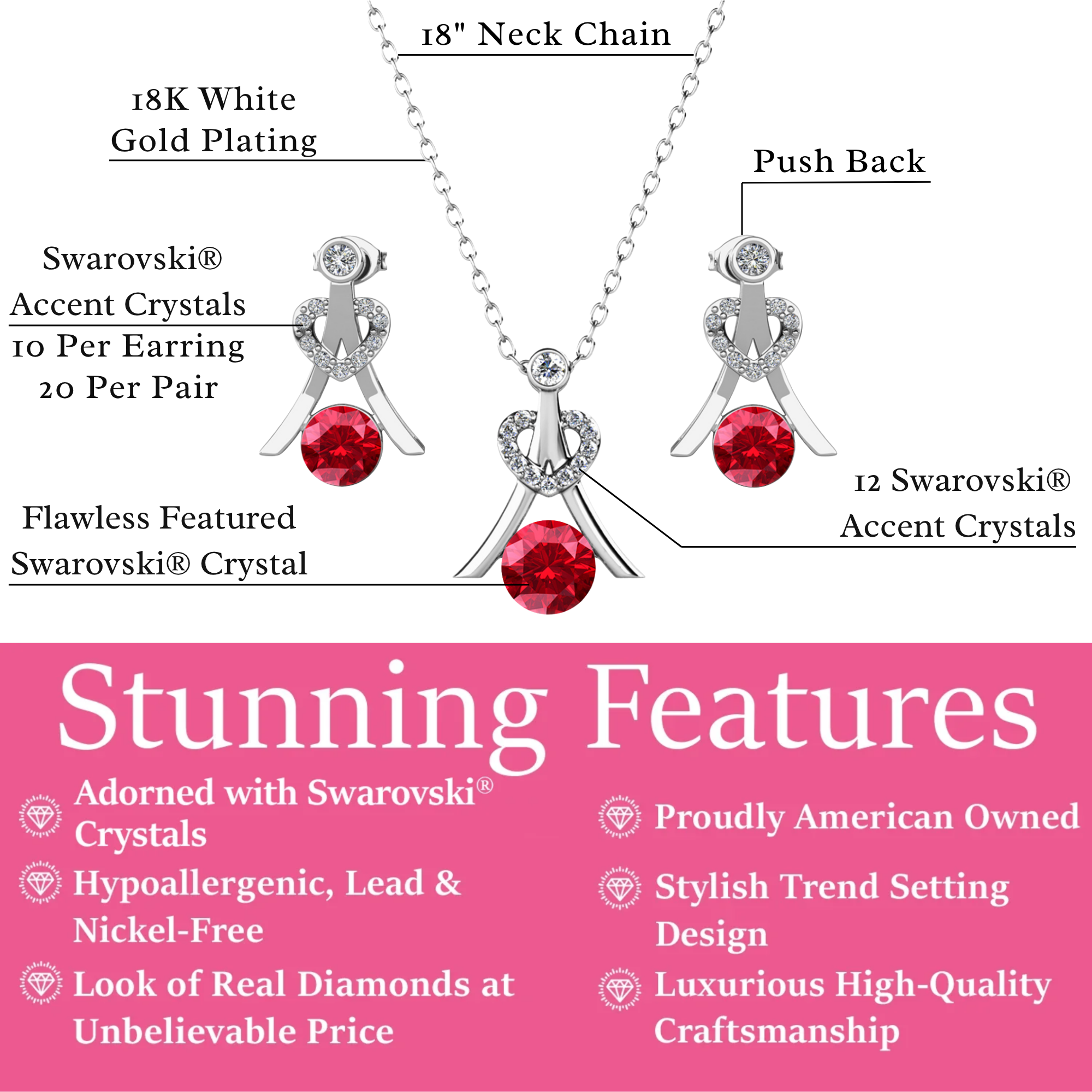 Serenity Birthstone 18k White Gold Plated Drop Earrings and Necklace Set with Swarovski Crystals