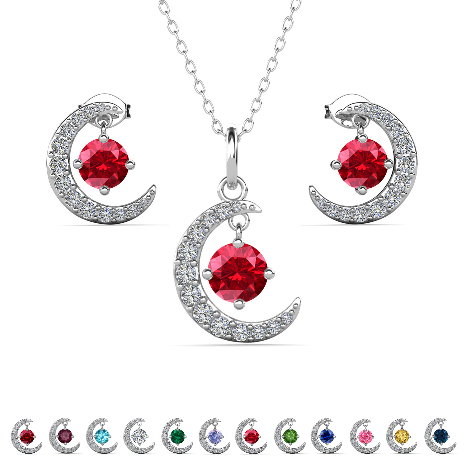 Luna Birthstone 18k White Gold Plated Silver Crescent Earrings and Necklace Set with Swarovski Crystals