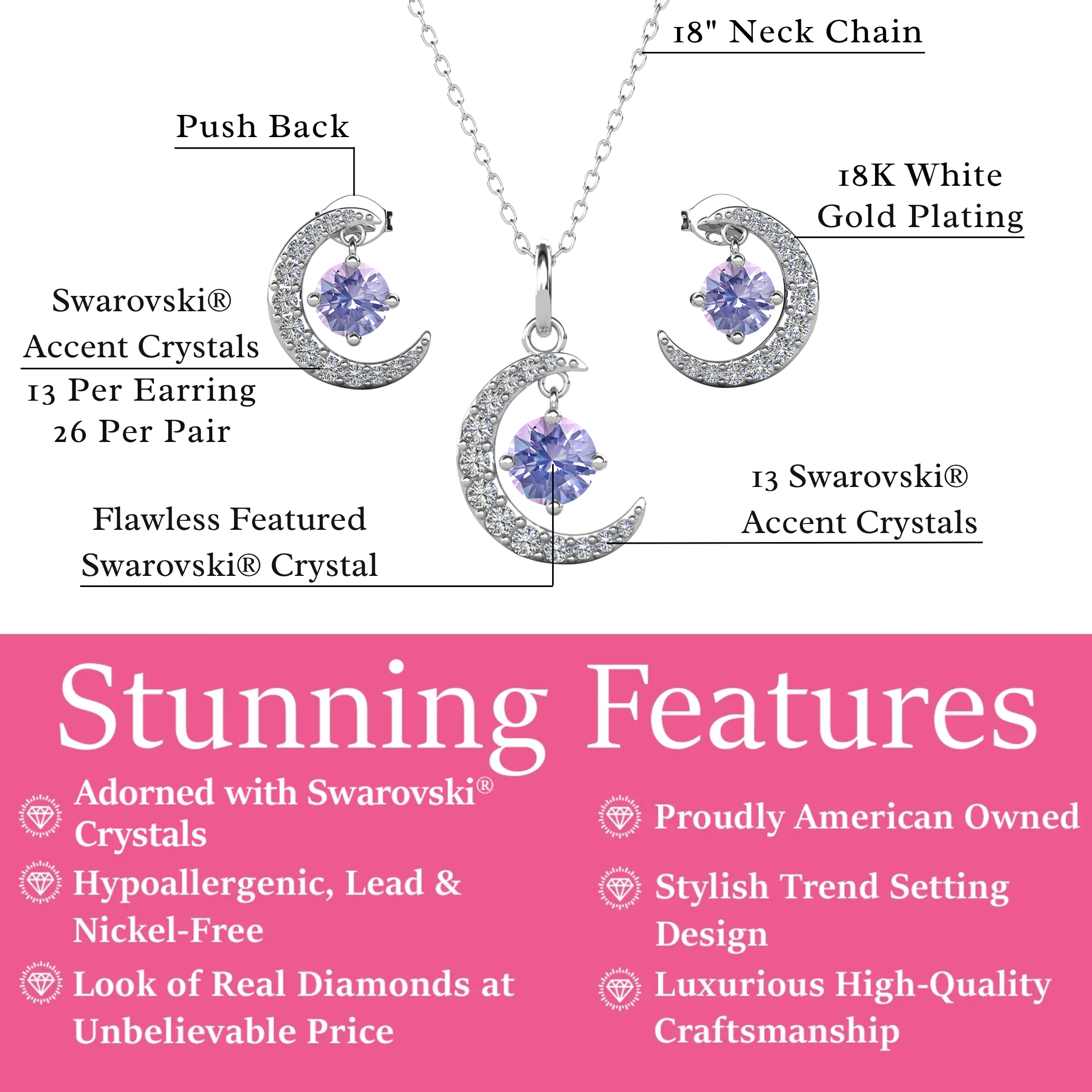 Luna Birthstone 18k White Gold Plated Silver Crescent Earrings and Necklace Set with Swarovski Crystals