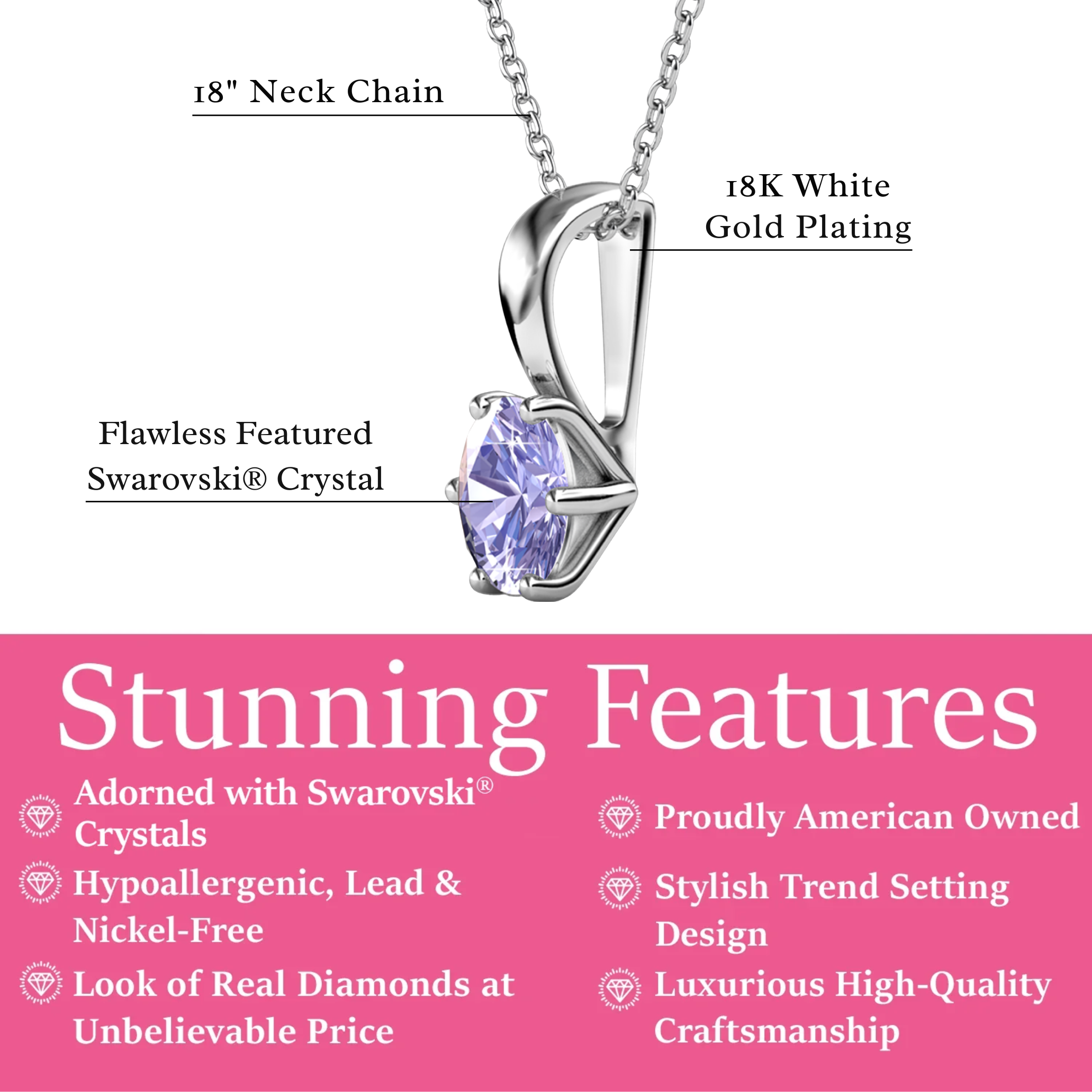 Birthstone Necklace 18k White Gold Plated Solitaire Necklace with 1ct Swarovski Crystal