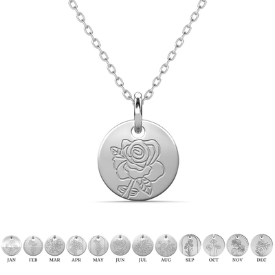 Floral 18k White Gold Plated Engraved Birth Month Flower Pendant Necklace - June - Rose