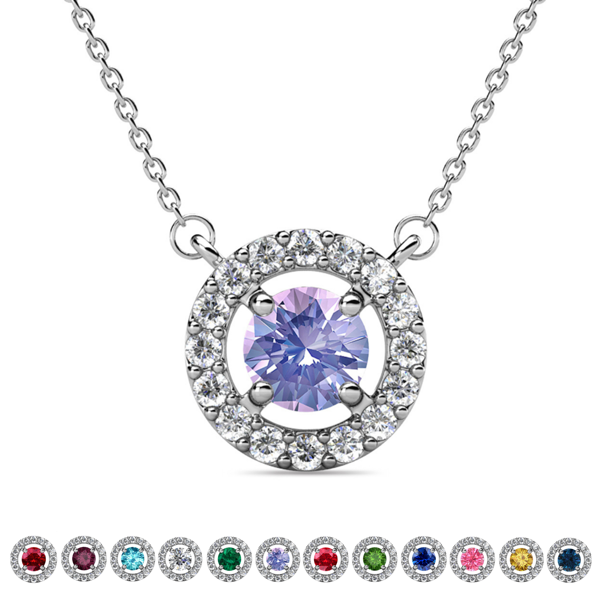Royal Birthstone 18k White Gold Plated Halo Necklace with Round Cut Swarovski Crystals