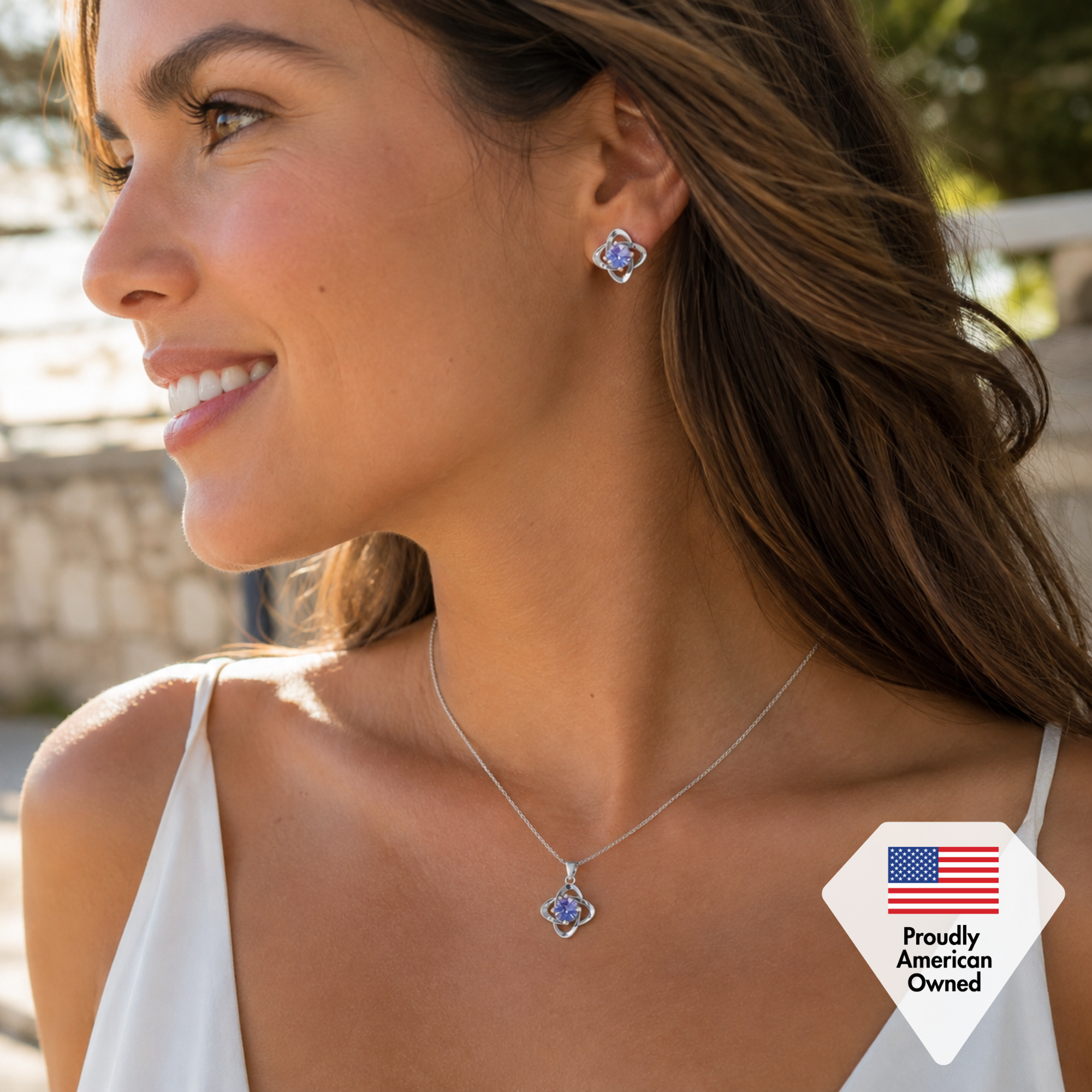 Infinity Birthstone 18k White Gold Plated Stud Earrings and Necklace Set with Swarovski Crystals