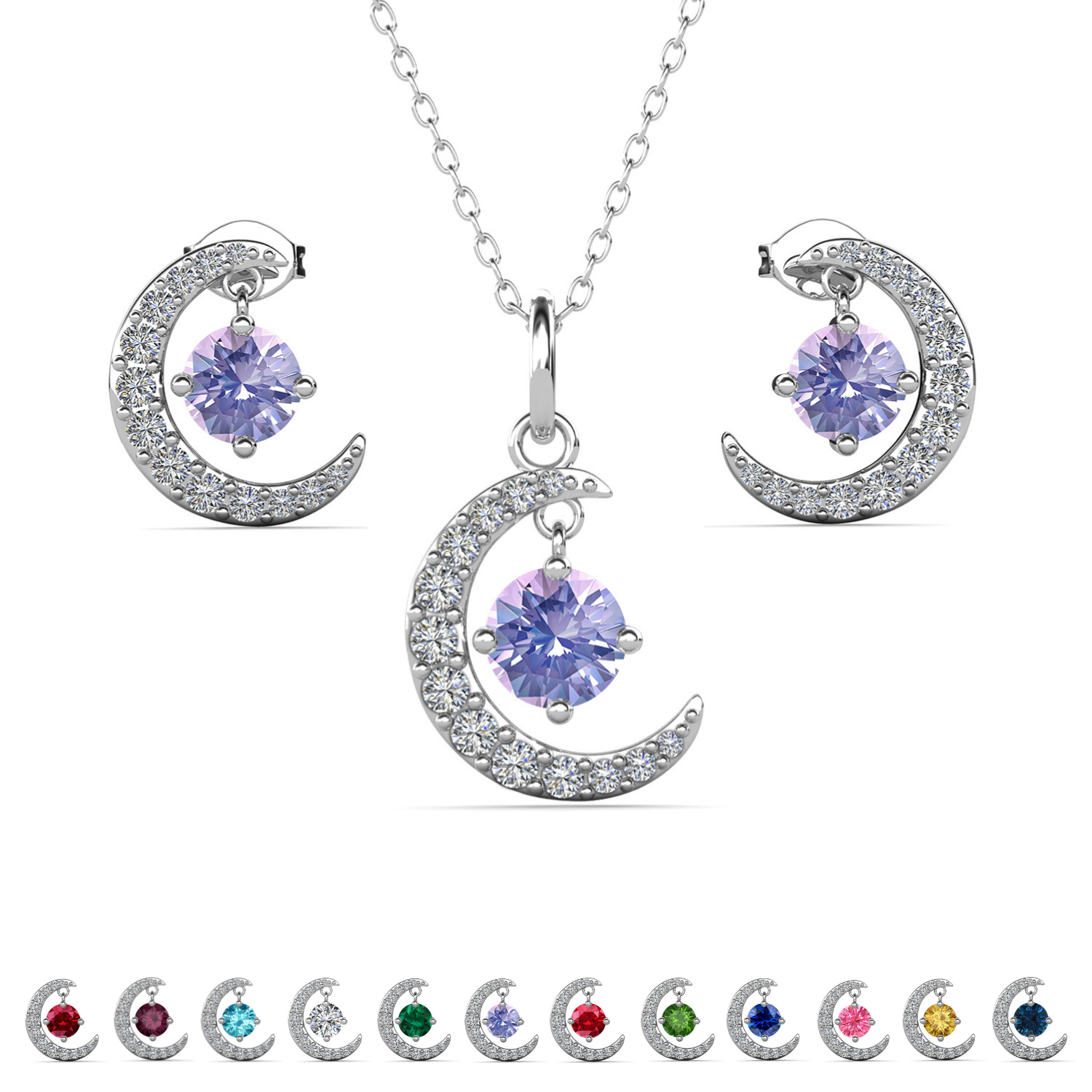 Luna Birthstone 18k White Gold Plated Silver Crescent Earrings and Necklace Set with Swarovski Crystals