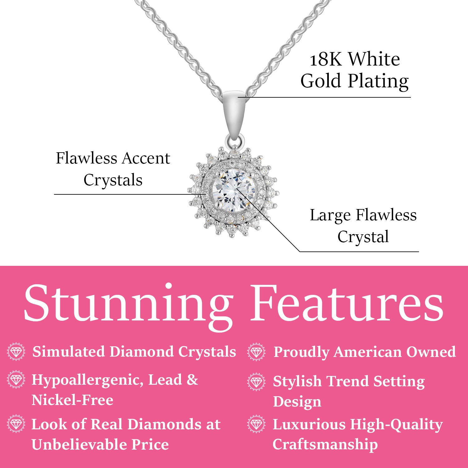 Juno 18k White Gold Plated Silver Pendant Necklace with Simulated Diamond CZ Crystals