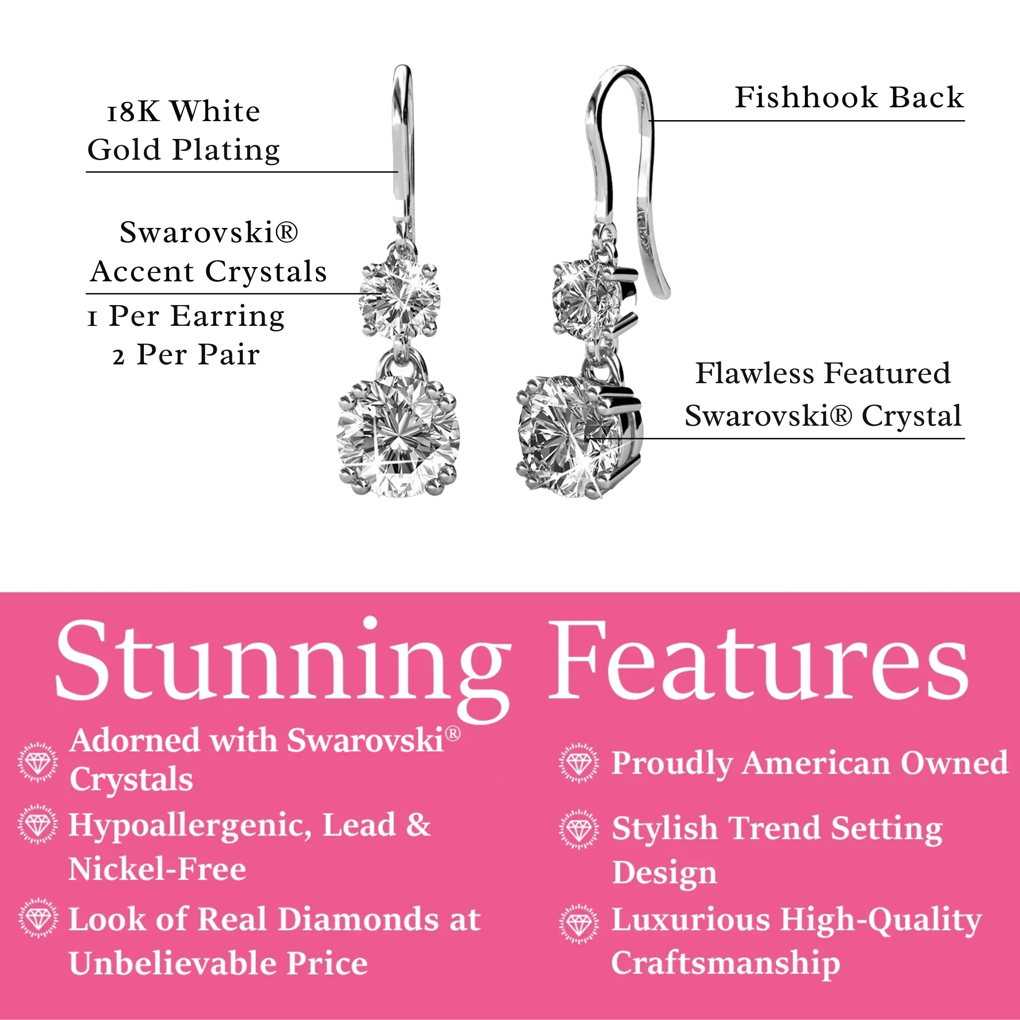 Kadence 18k White Gold Plated Drop Dangle Earrings with Swarovski Crystals