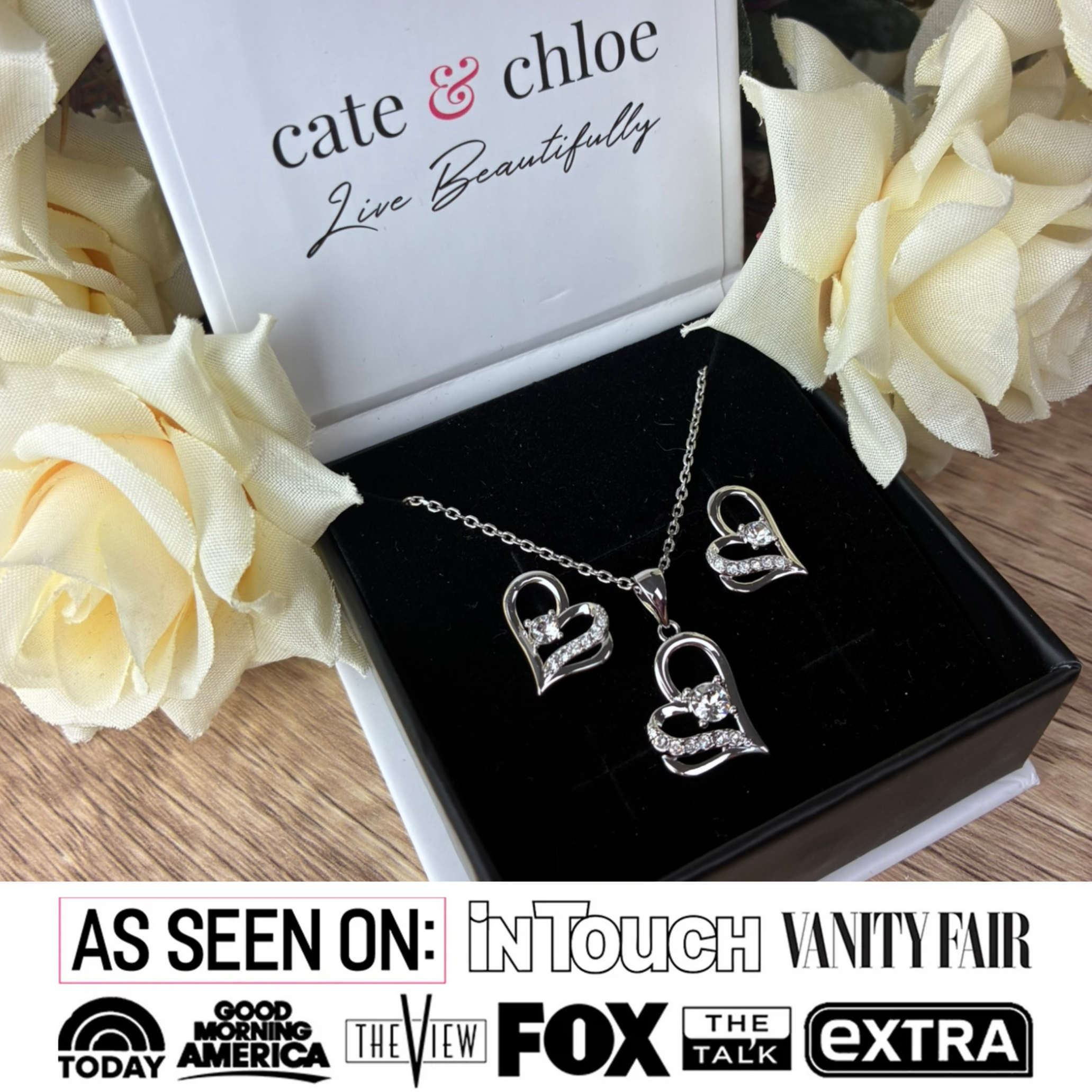 Kara 18k White Gold Plated Silver Heart Necklace and Earring Set with Swarovski Crystals