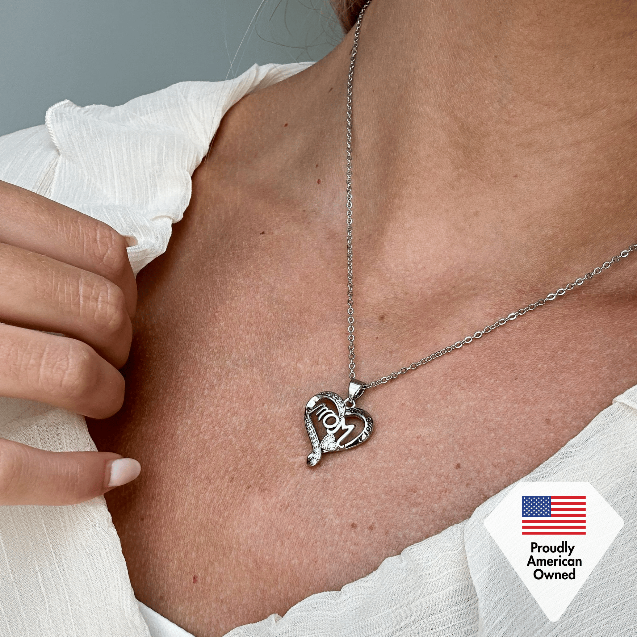 Karina 18k White Gold Plated Mom Heart Pendant Necklace with Simulated Diamond Crystals